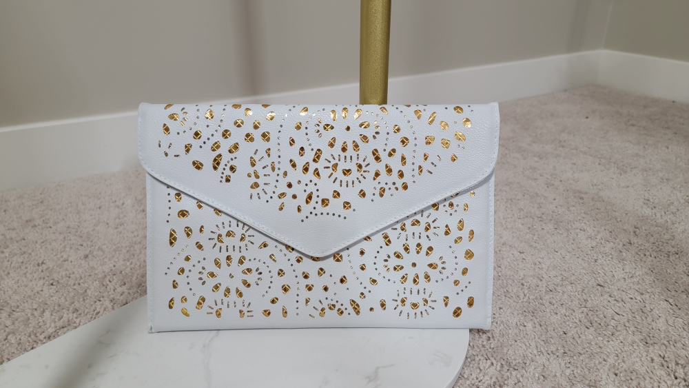 White and Gold Laser Cut Clutch