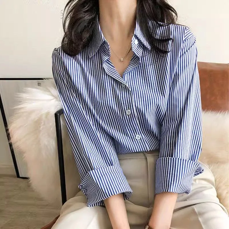 Women's Blue and White Striped Long Sleeve Button-Down Shirt