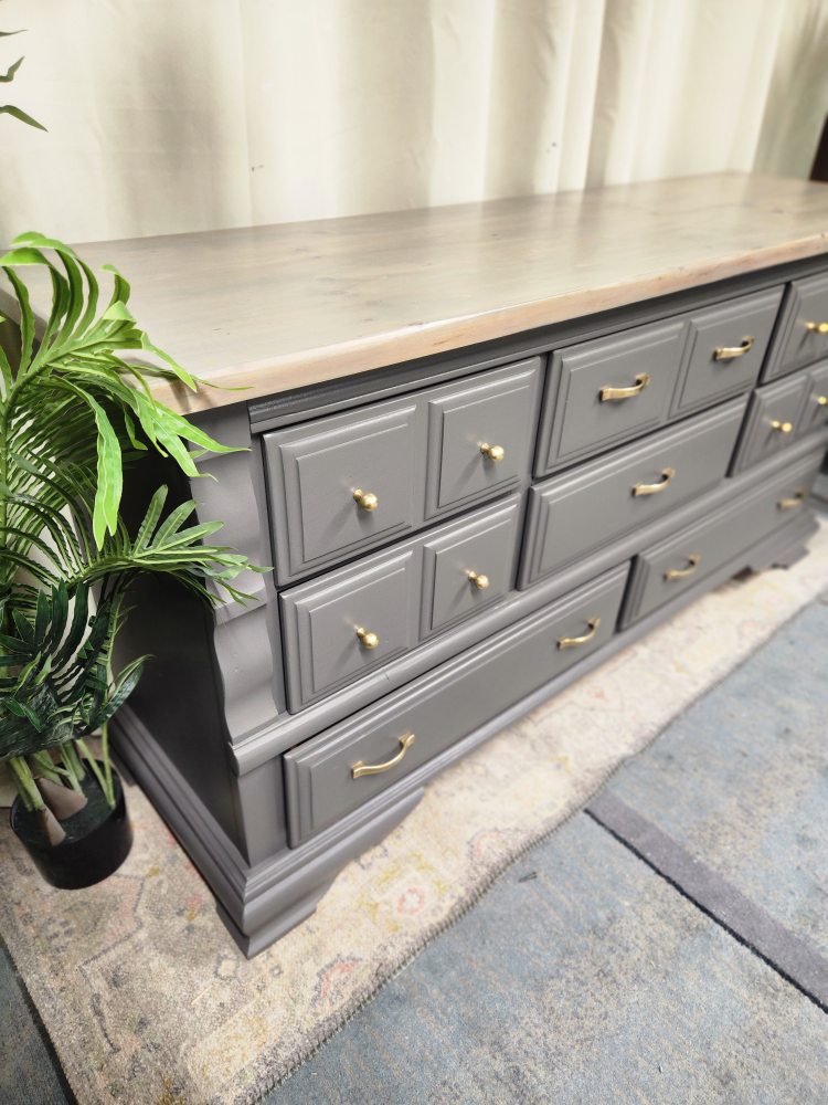 Gray dresser with light wood top - photo 2