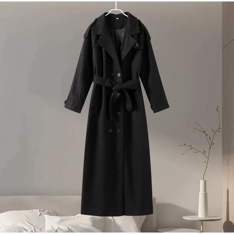 Street Long Trench Coats With Belt Women Black Loose image indicator(2)