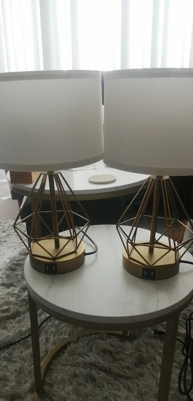 Pair of Gold Geometric Table Lamps with USB Ports