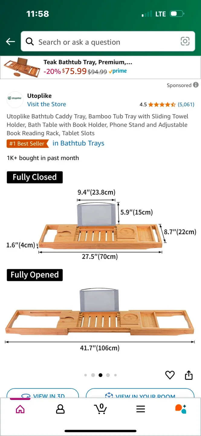 Utoplike Teak Bathtub Caddy Tray image indicator(2)