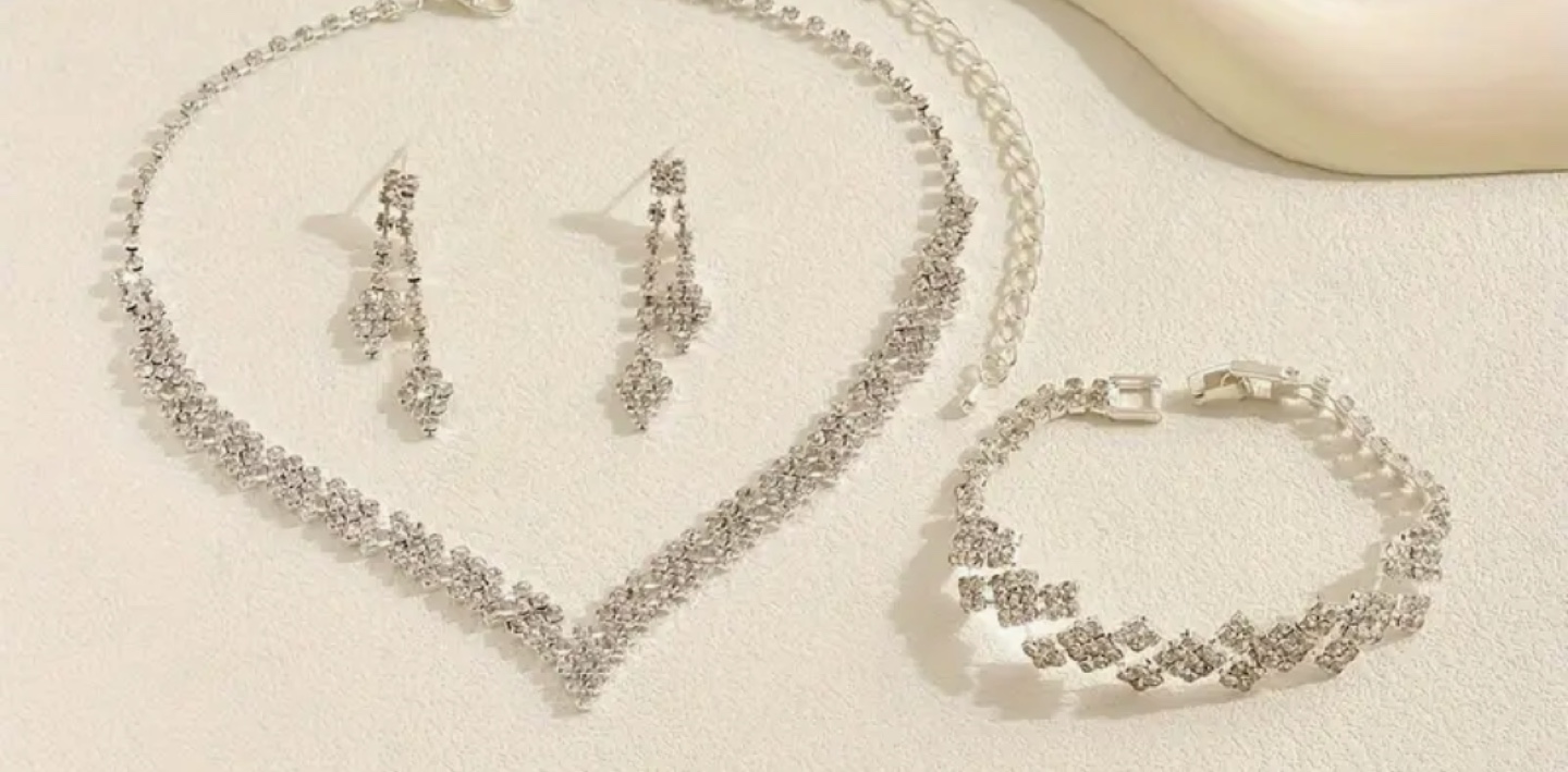 Rhinestone Bridal Jewelry Set - Necklace, Bracelet & Earrings