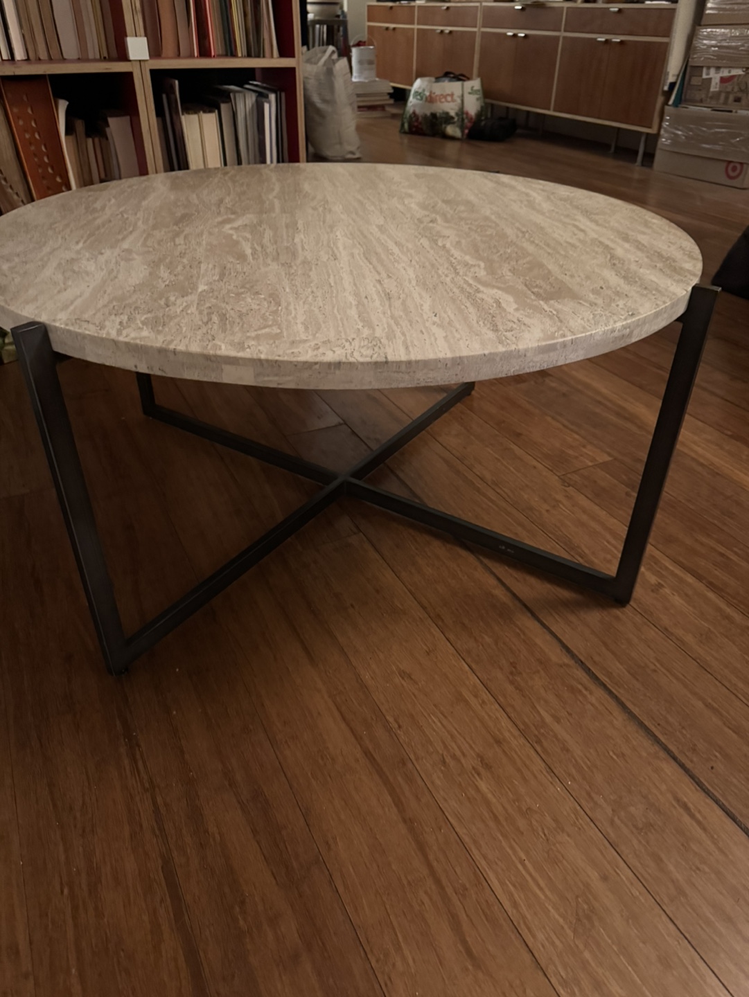 Round Stone Top Coffee Table with Black Metal Legs