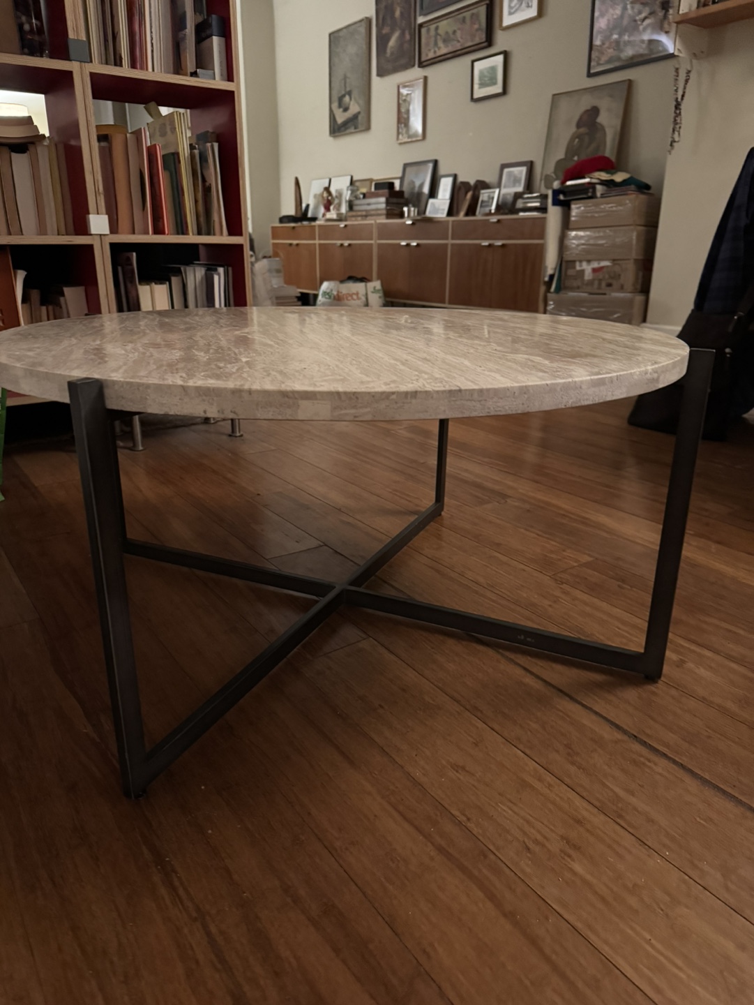 Round Stone Top Coffee Table with Black Metal Legs - photo 3