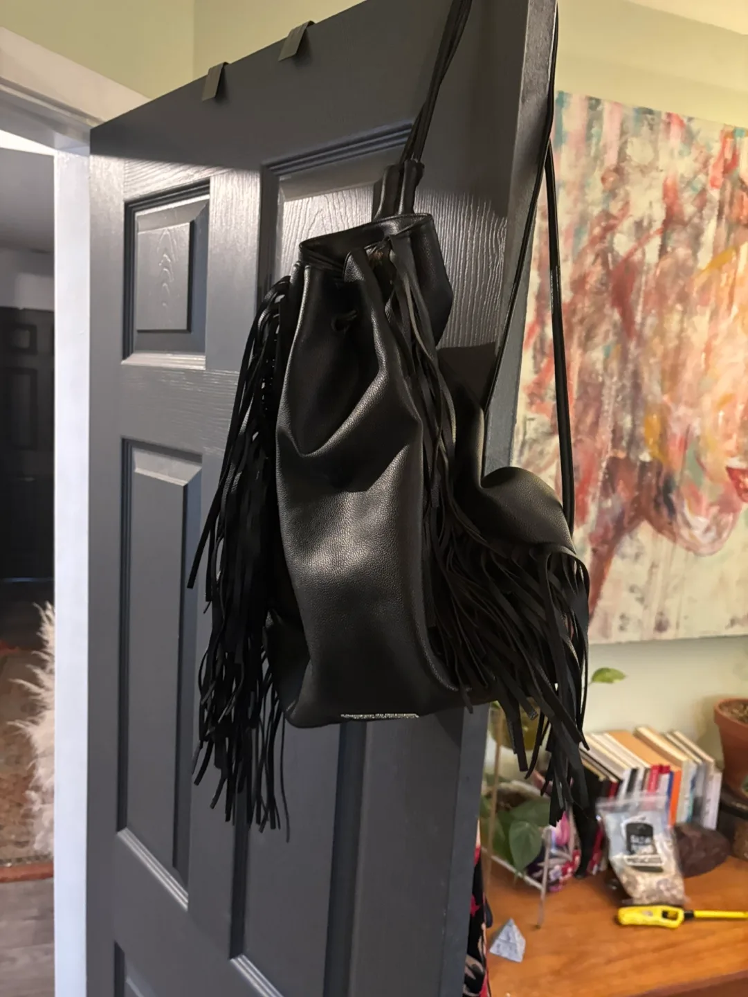 Victoria's Secret Black Fringe Drawstring Bag thumbnail