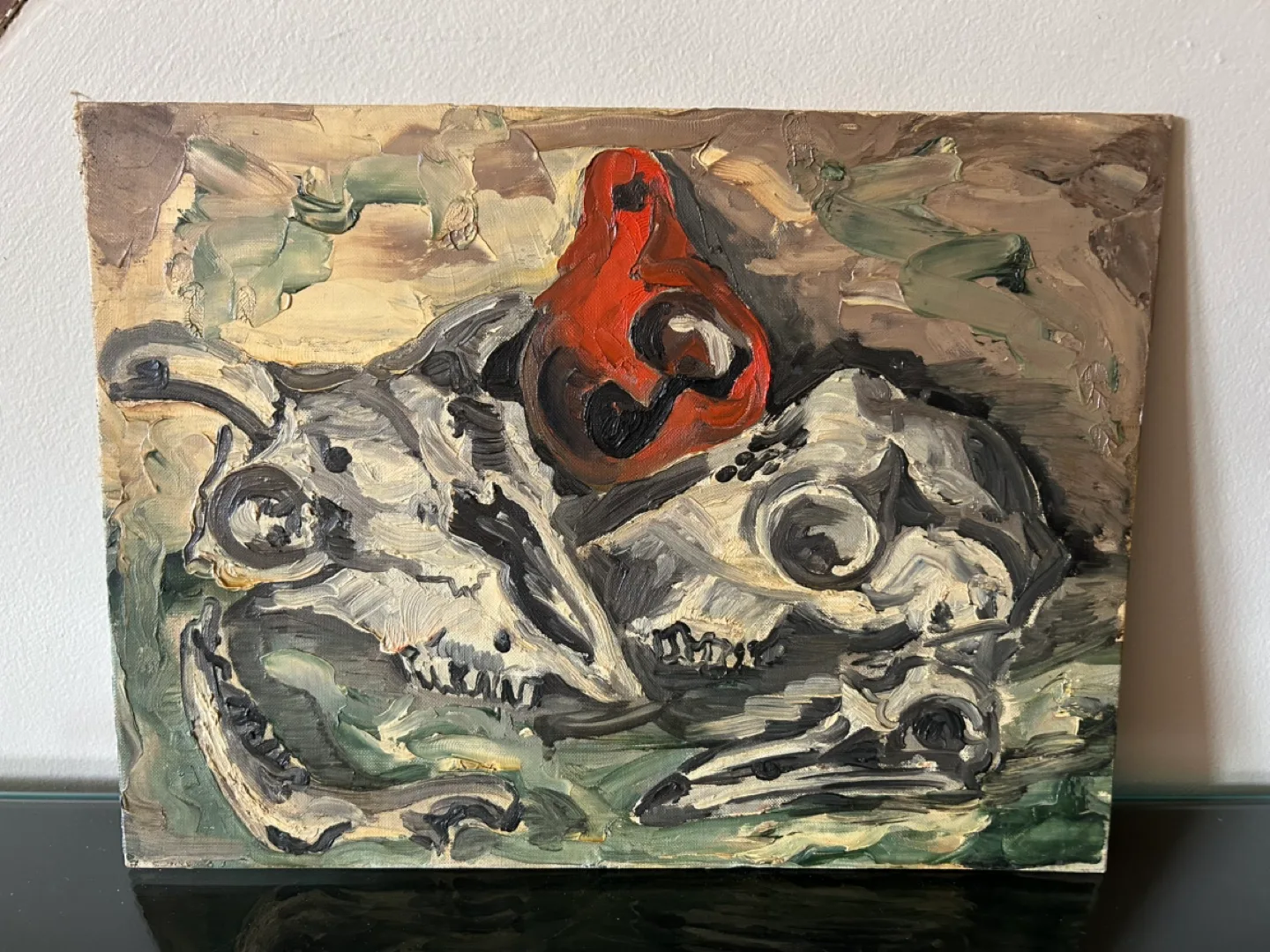 1960 oil painting Skulls Red Gourd Brutalist 12x16 in Art MCM image indicator(3)