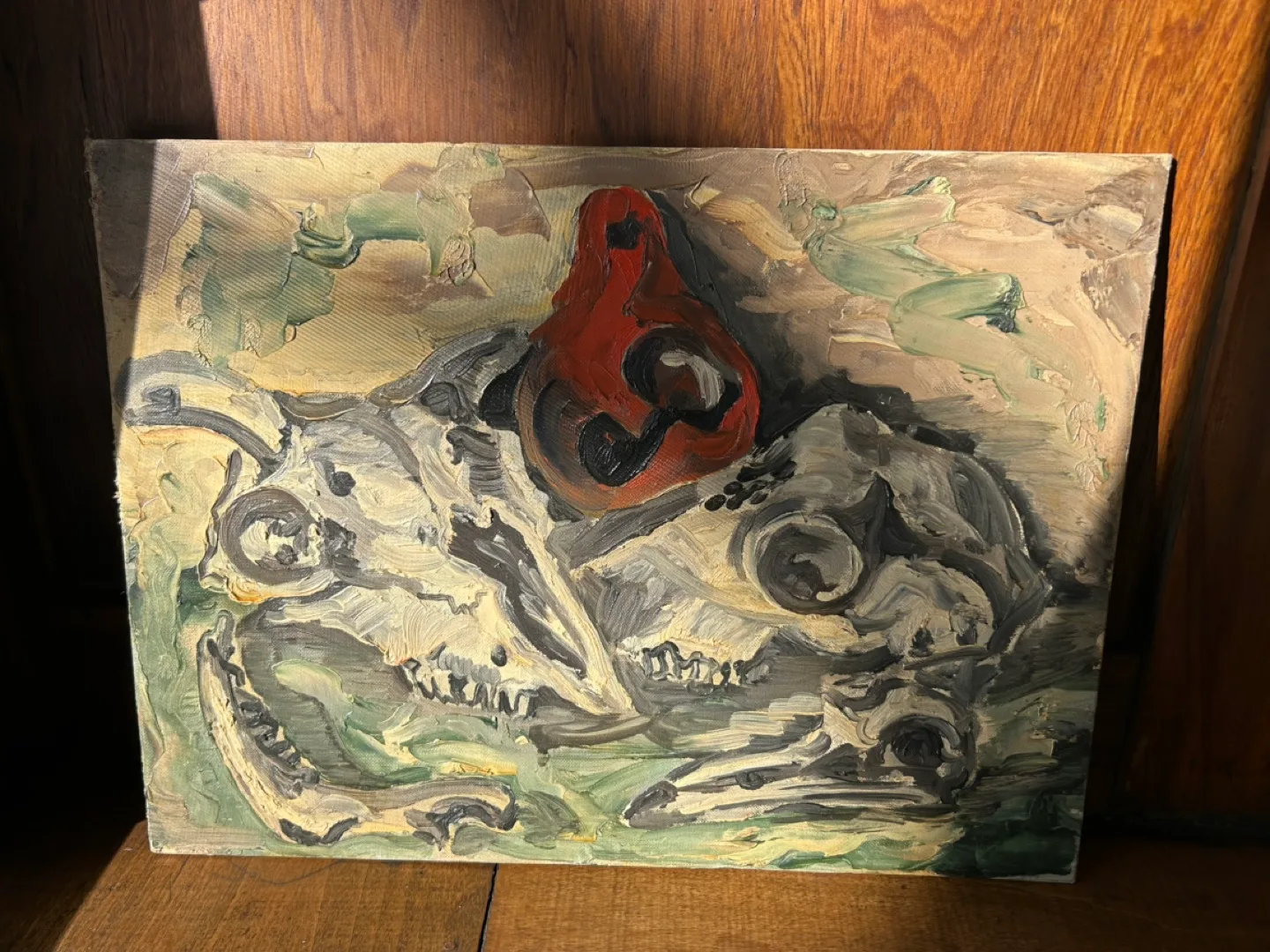 1960 oil painting Skulls Red Gourd Brutalist 12x16 in Art MCM image indicator(7)