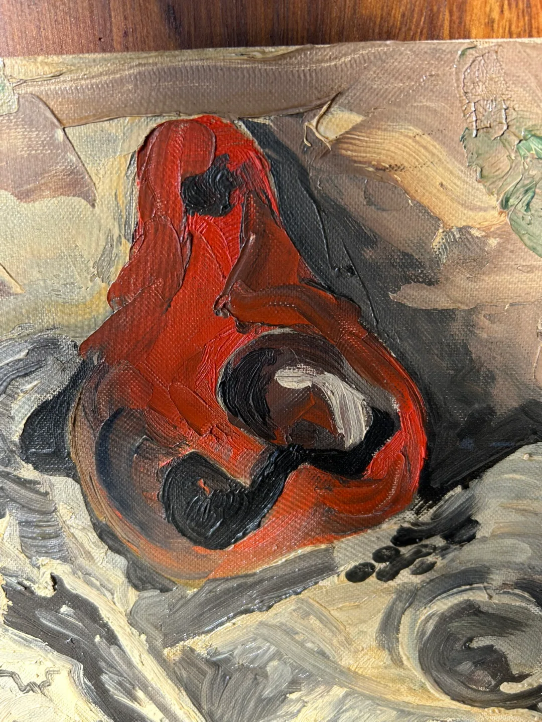 1960 oil painting Skulls Red Gourd Brutalist 12x16 in Art MCM image indicator(2)