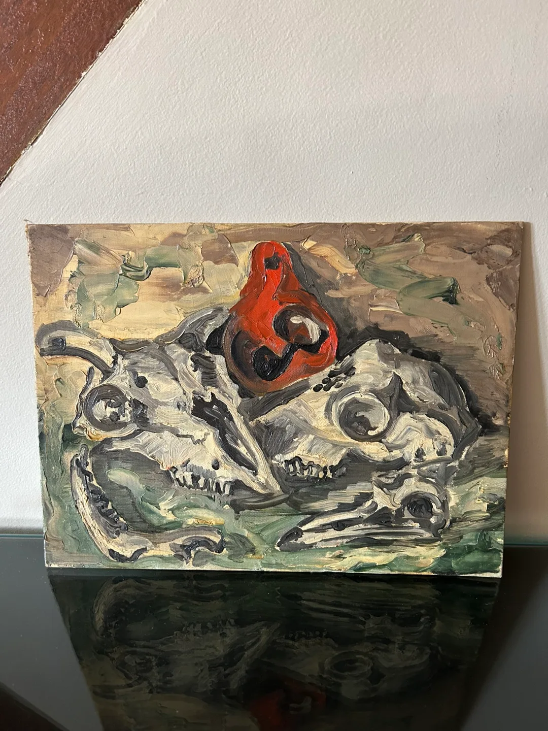 1960 oil painting Skulls Red Gourd Brutalist 12x16 in Art MCM image indicator(4)