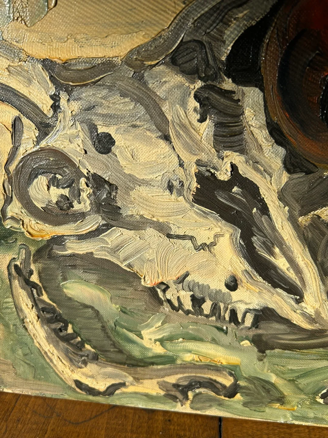 1960 oil painting Skulls Red Gourd Brutalist 12x16 in Art MCM image indicator(9)