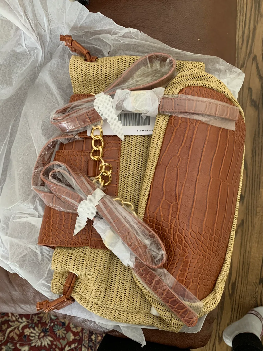 New Straw and Crocodile-Embossed Leather Handbag image indicator(2)