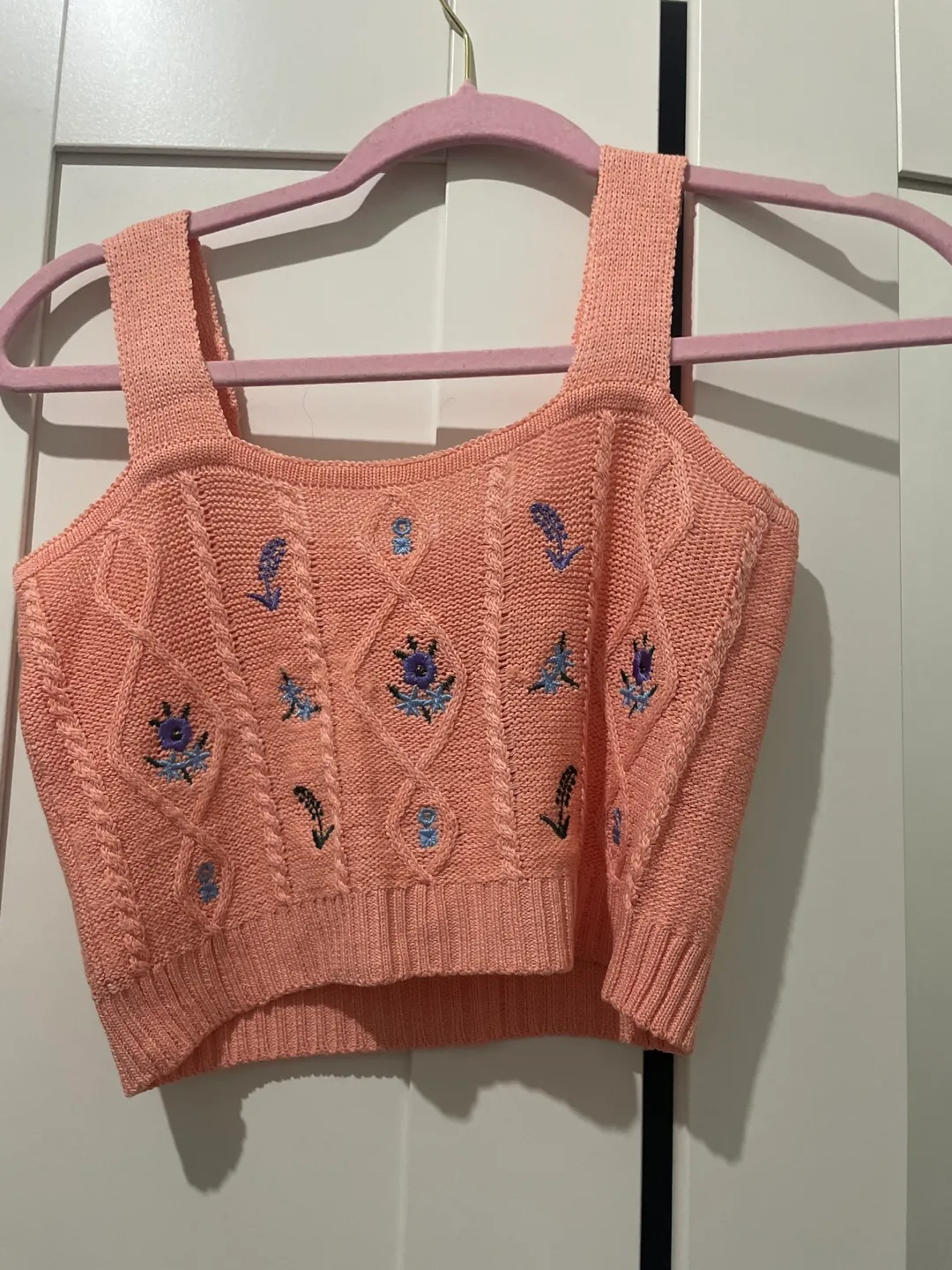 Peach Knitted Sleeveless Crop Top with Embroidery thumbnail