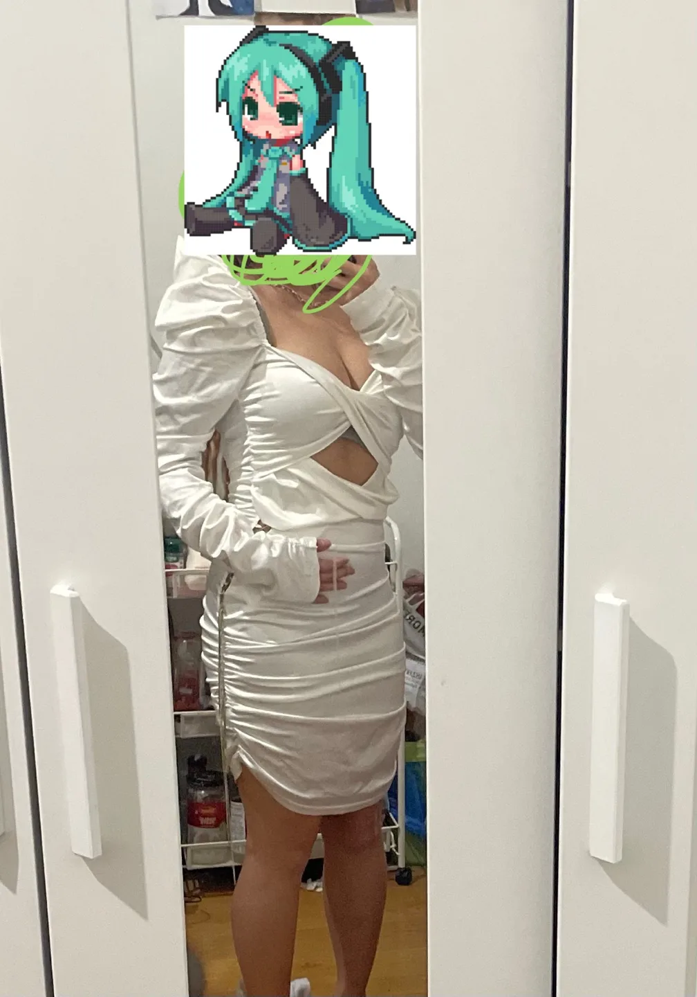 White (Sort of) Satin Mini Dress with Cut-Outs and Puff Sleeves image indicator(2)