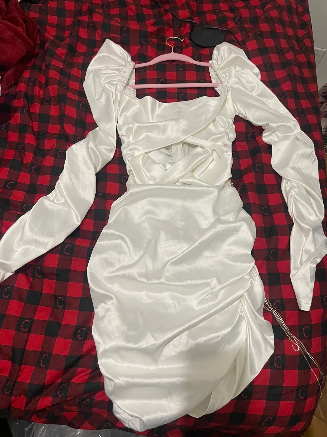 White (Sort of) Satin Mini Dress with Cut-Outs and Puff Sleeves image indicator(3)