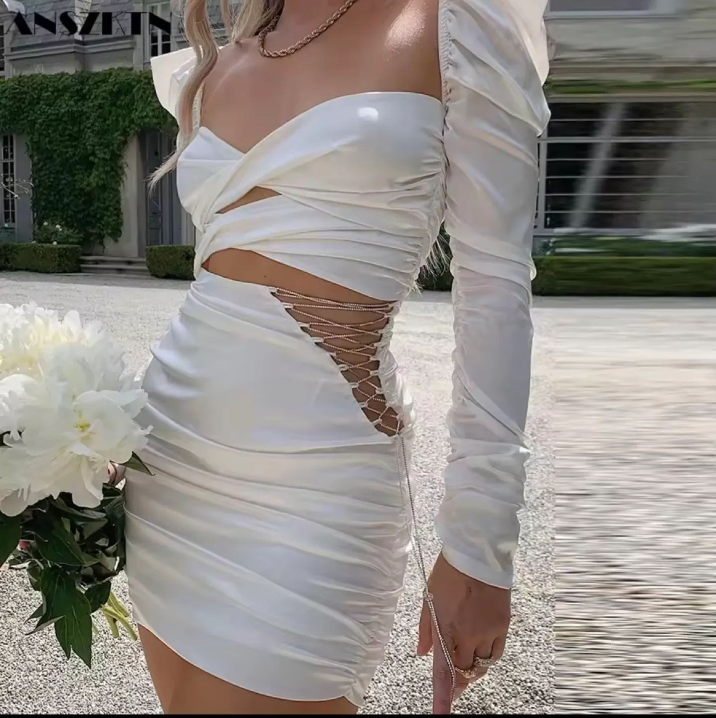 White (Sort of) Satin Mini Dress with Cut-Outs and Puff Sleeves thumbnail