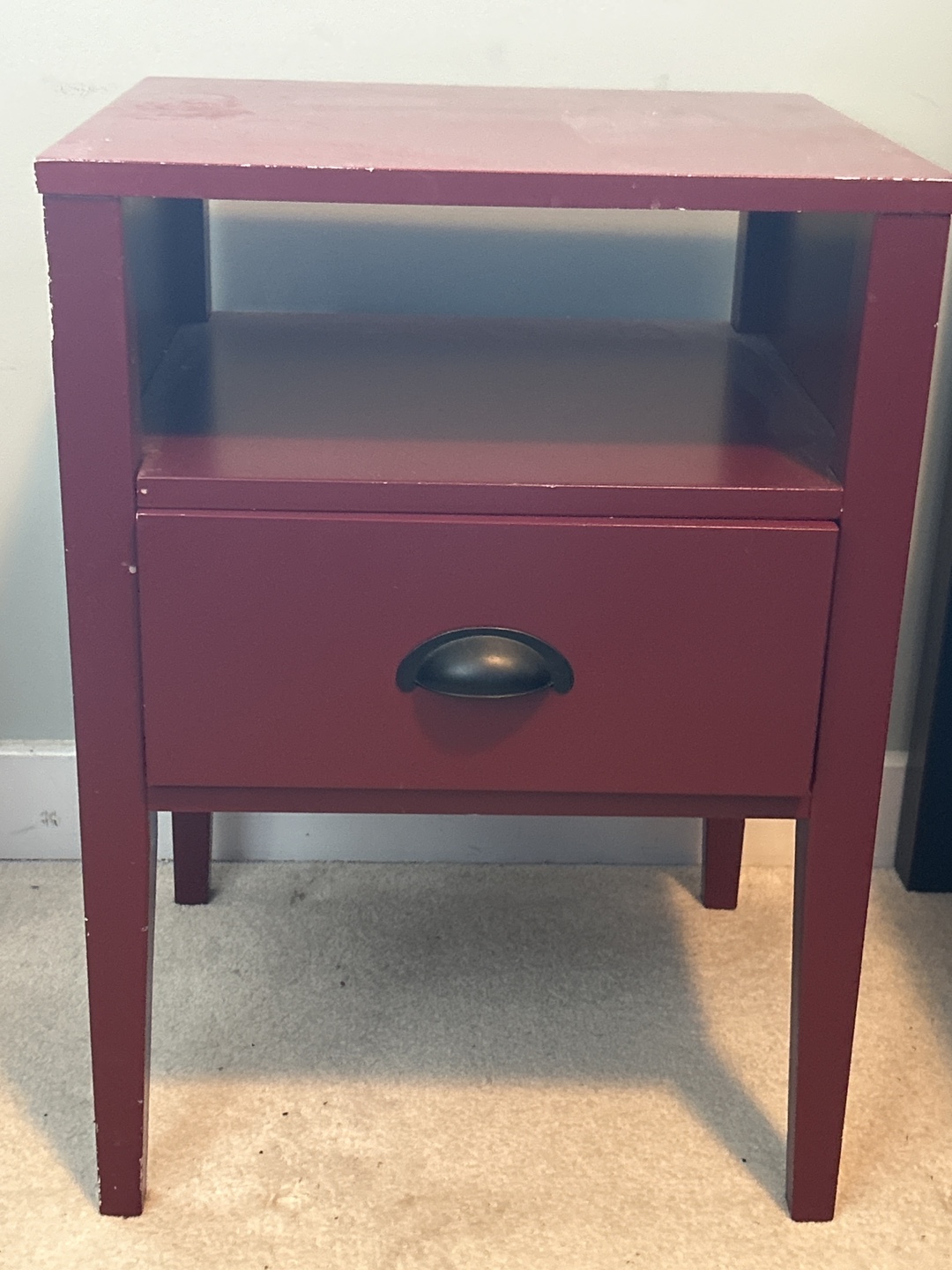 Dark Red Nightstand with Drawer and Shelf