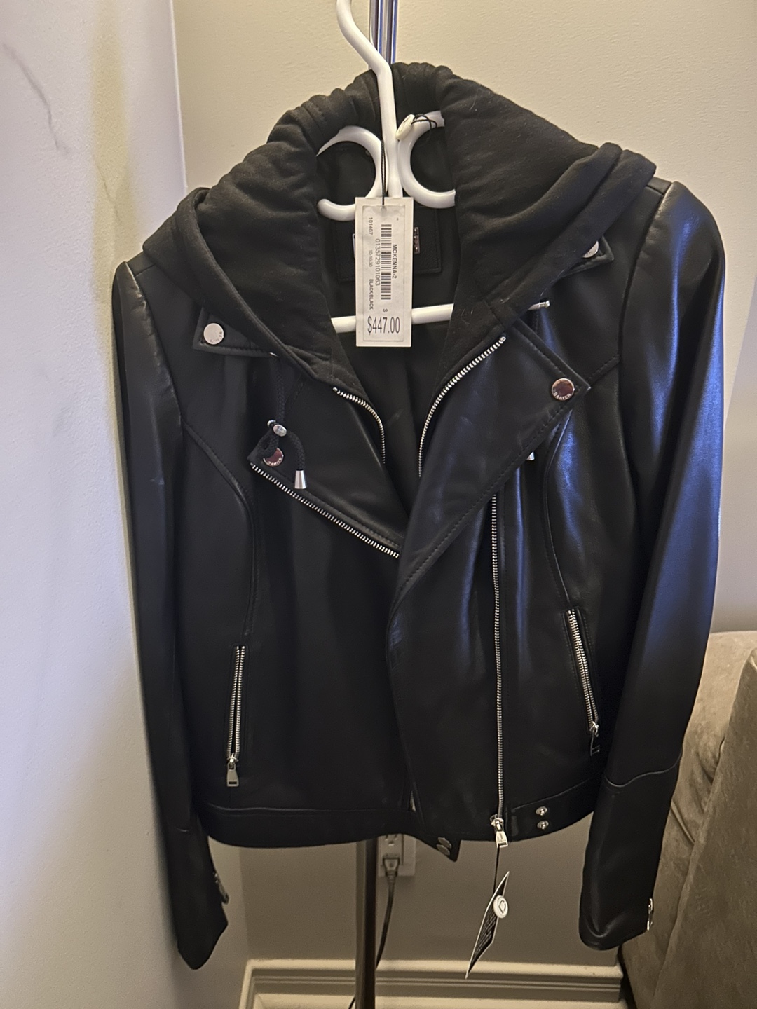 DANIER Black Leather Jacket with Detachable Hoodie - Size Small