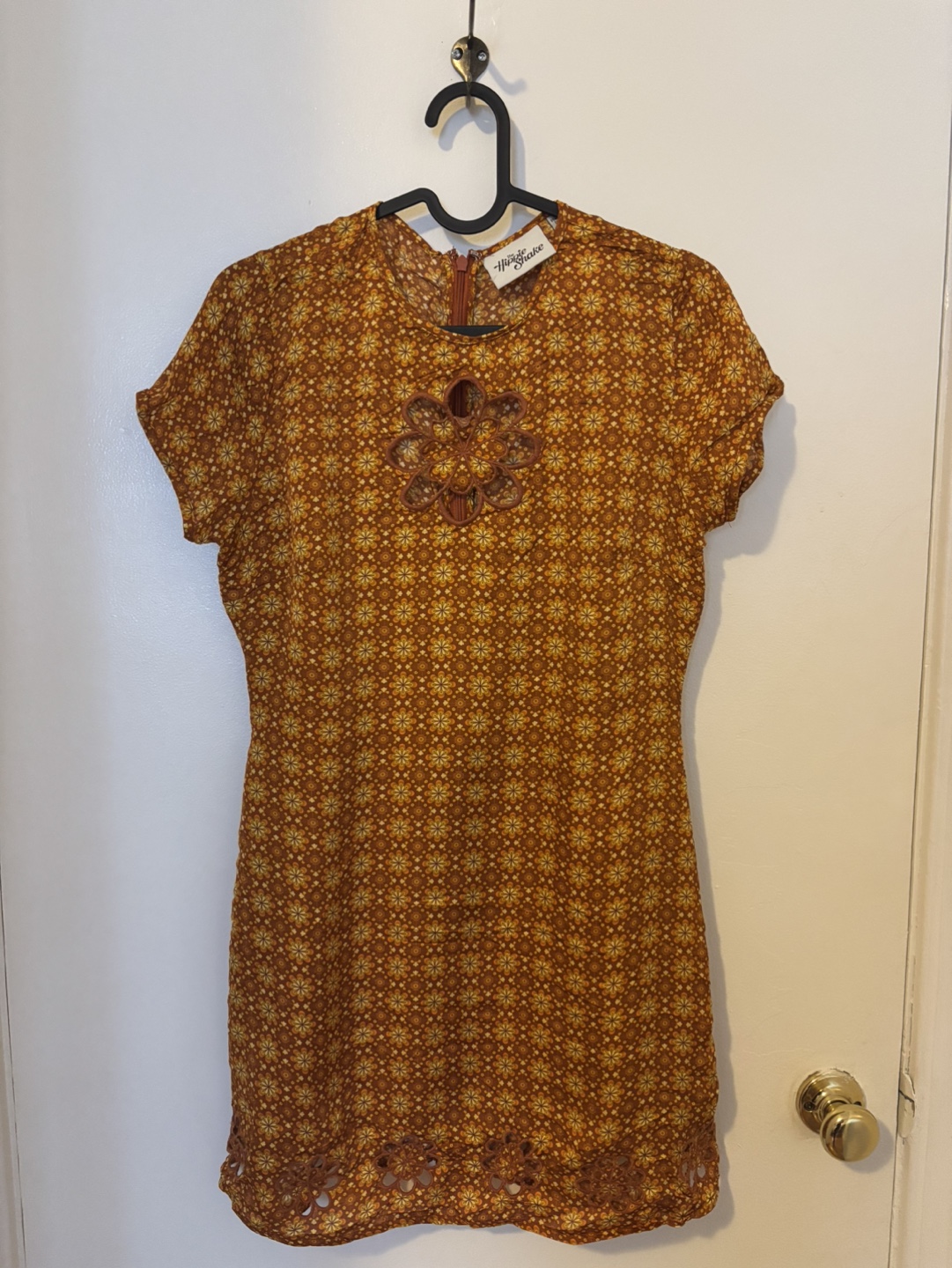 Vintage-inspired mustard yellow floral mini dress