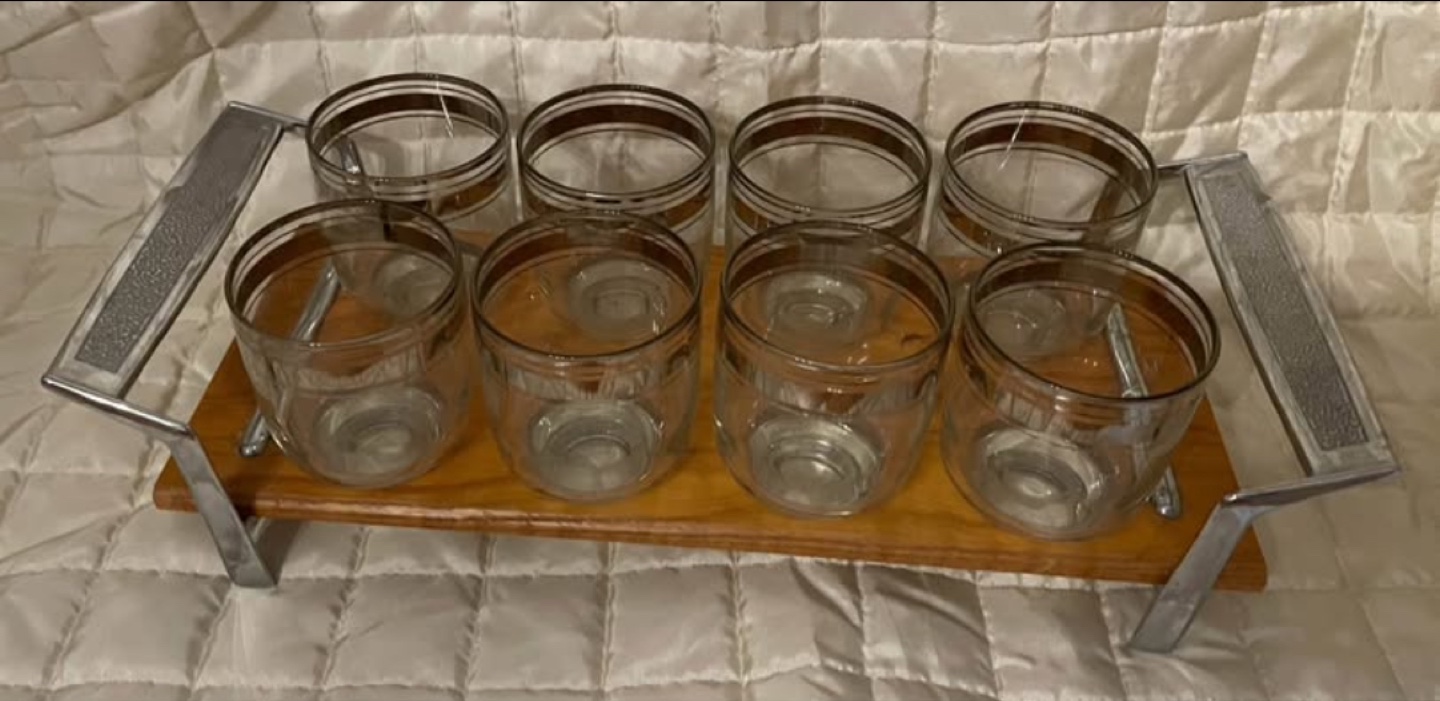 Vintage Mid-Century Modern Glass Tumblers with Wooden Carrier