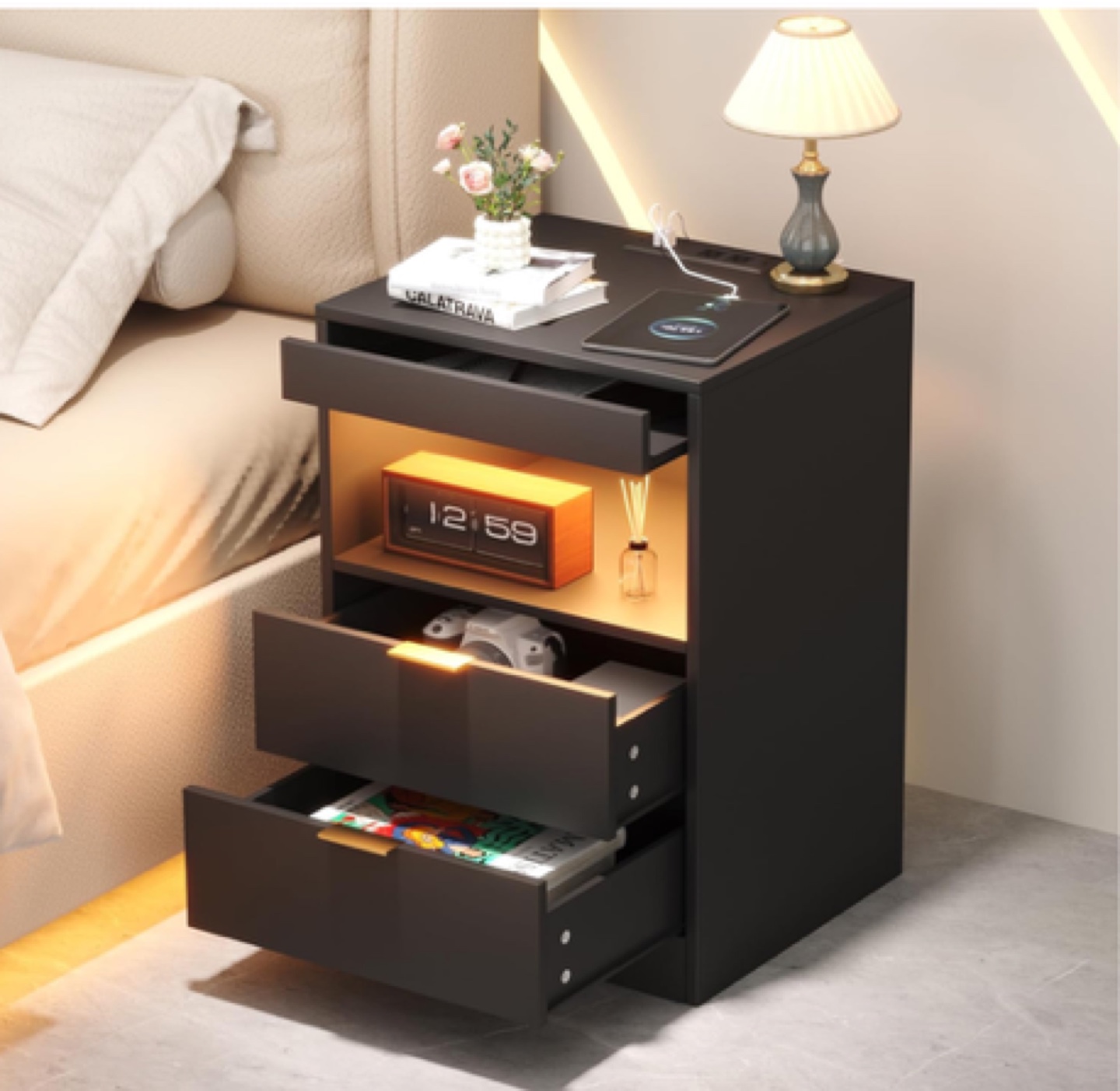 LED Nightstand Bedside Table with Charging Station 2 Drawers