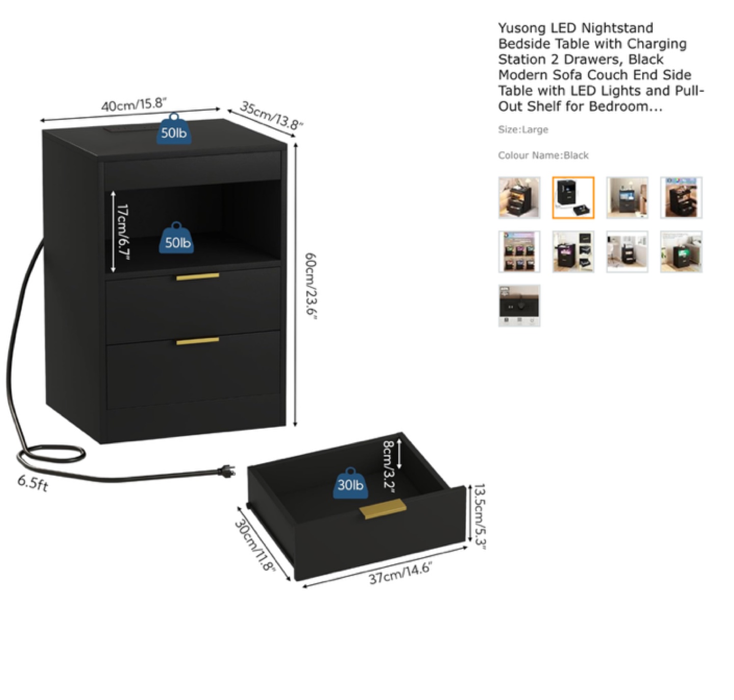 LED Nightstand Bedside Table with Charging Station 2 Drawers - photo 2