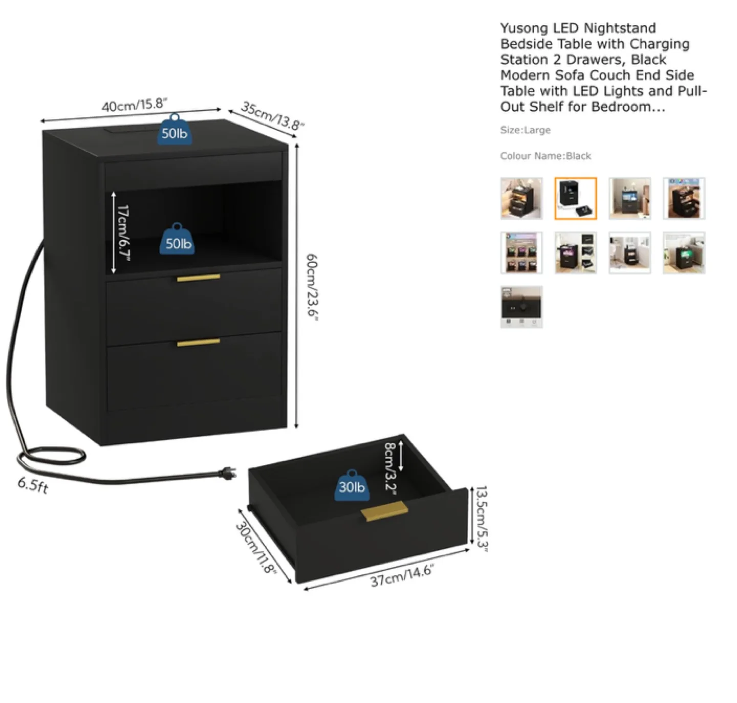 LED Nightstand Bedside Table with Charging Station 2 Drawers image indicator(2)