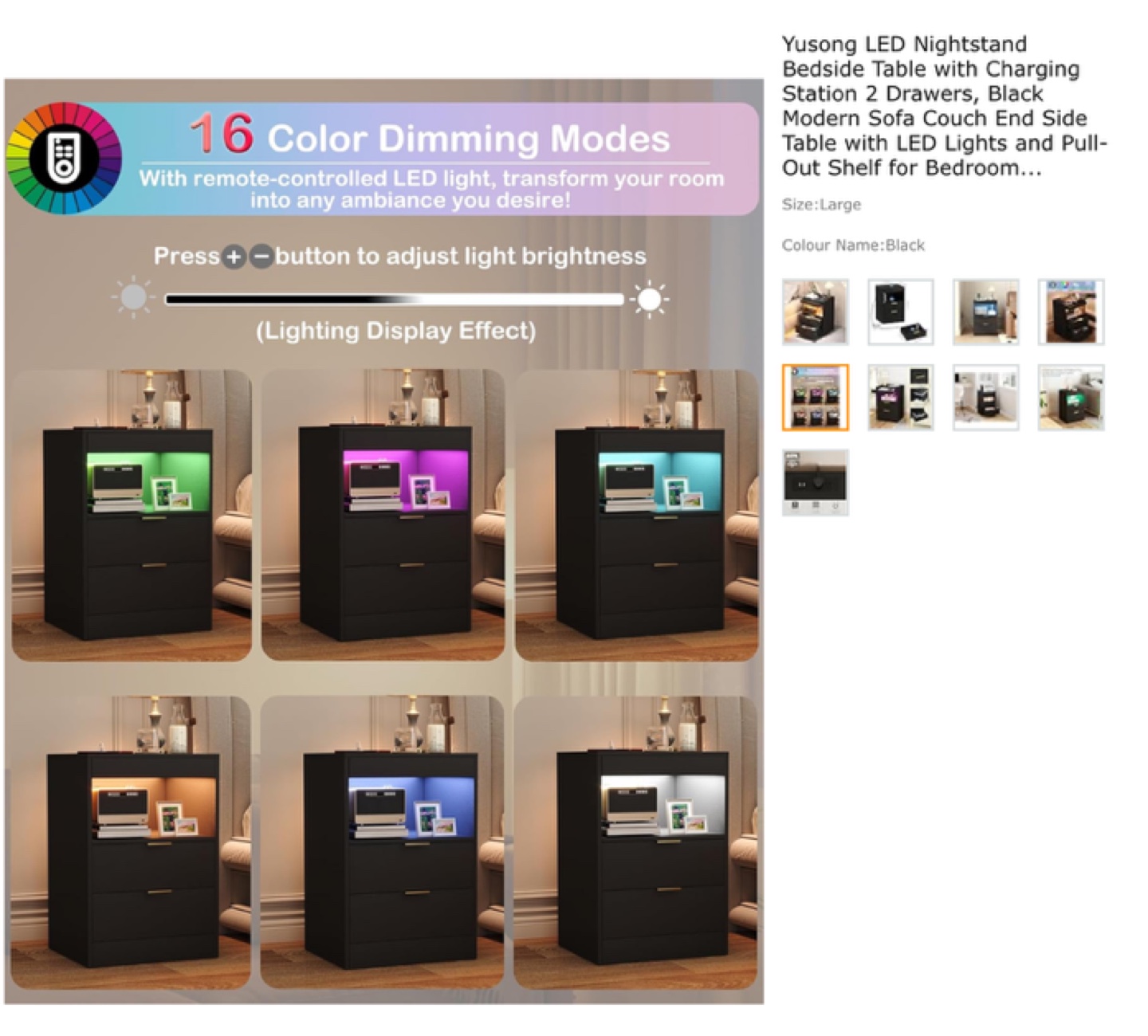 LED Nightstand Bedside Table with Charging Station 2 Drawers - photo 3