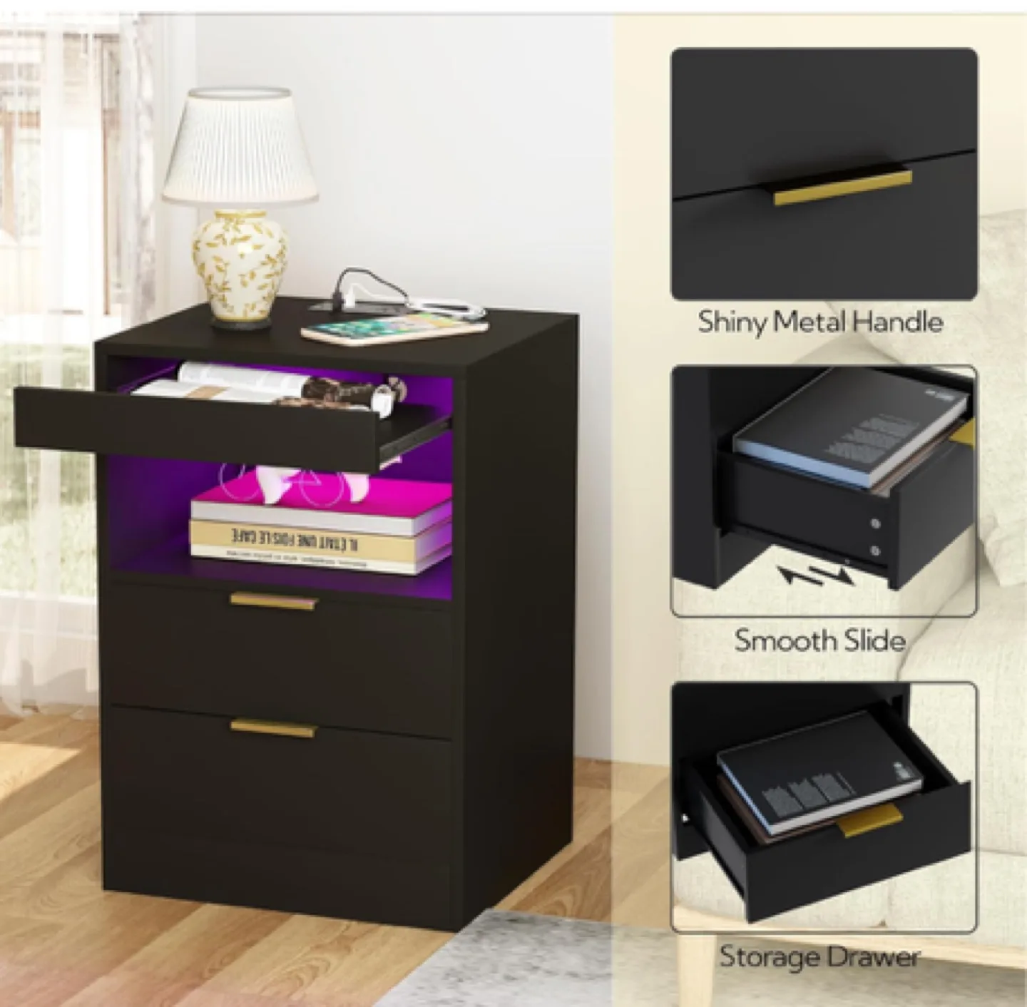 LED Nightstand Bedside Table with Charging Station 2 Drawers image indicator(4)