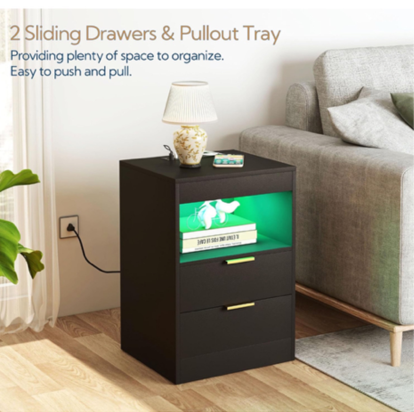 LED Nightstand Bedside Table with Charging Station 2 Drawers - photo 5