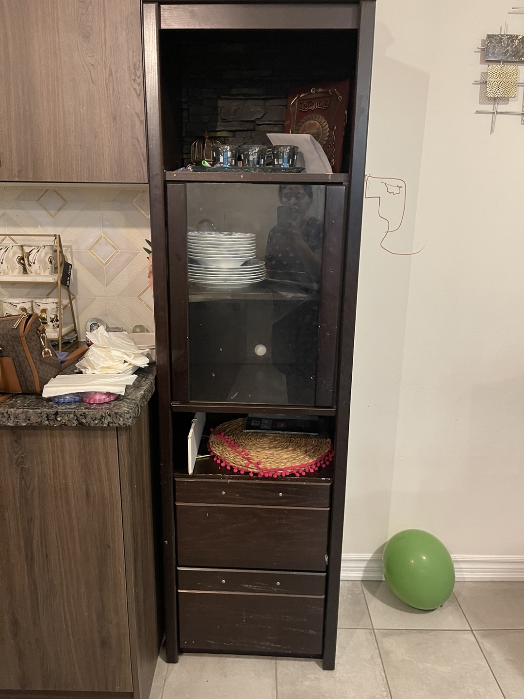 Dark Brown Wooden Storage Cabinet with Glass Doors