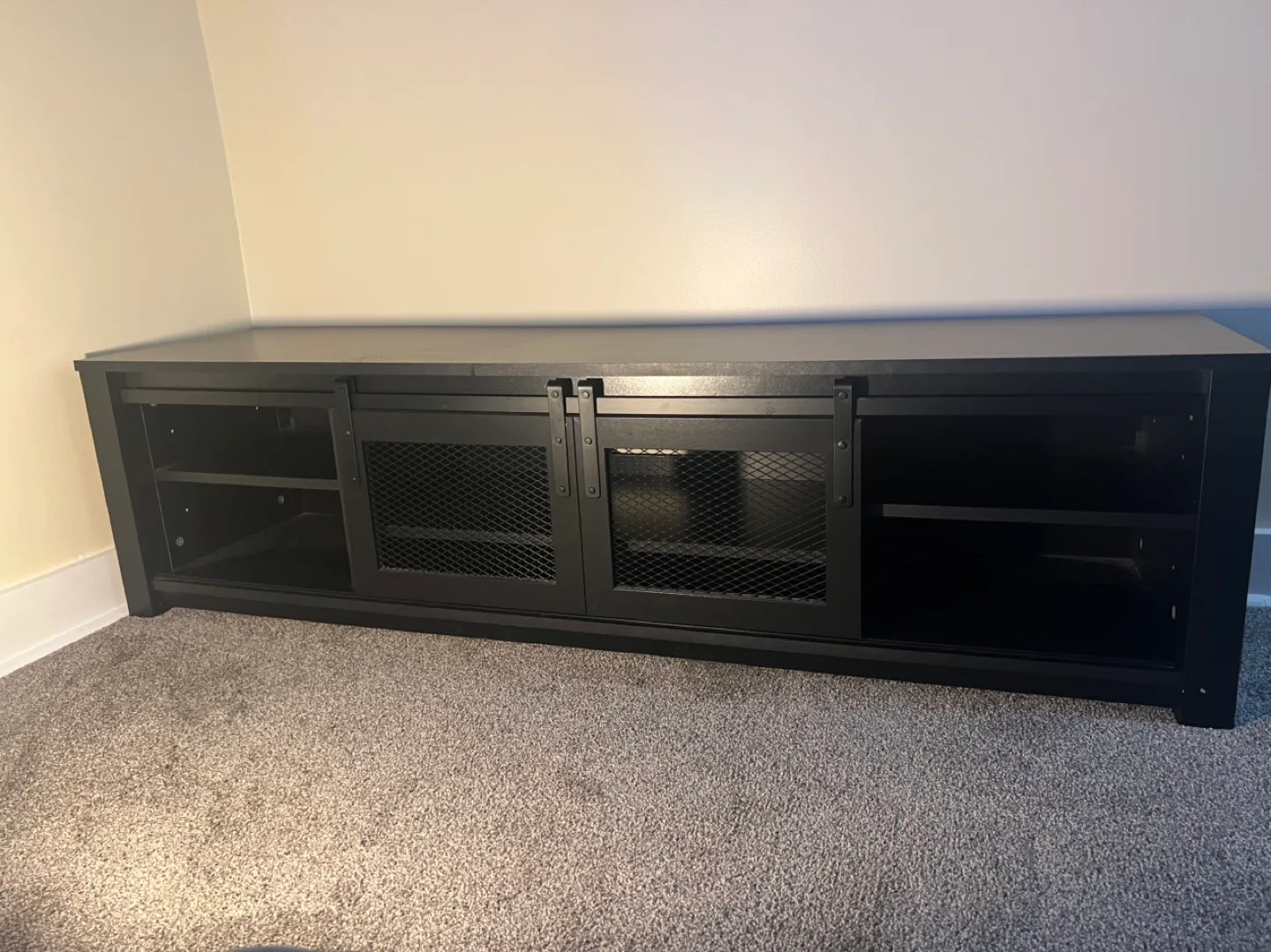 Black wood TV Stand/ Media Unit w/ barn doors image indicator(3)