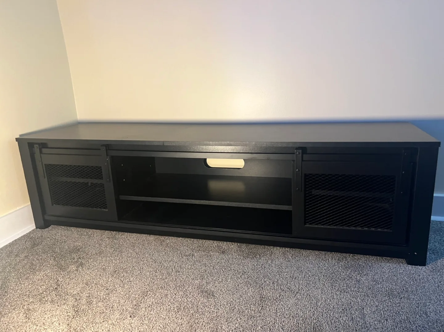 Black wood TV Stand/ Media Unit w/ barn doors image indicator(5)