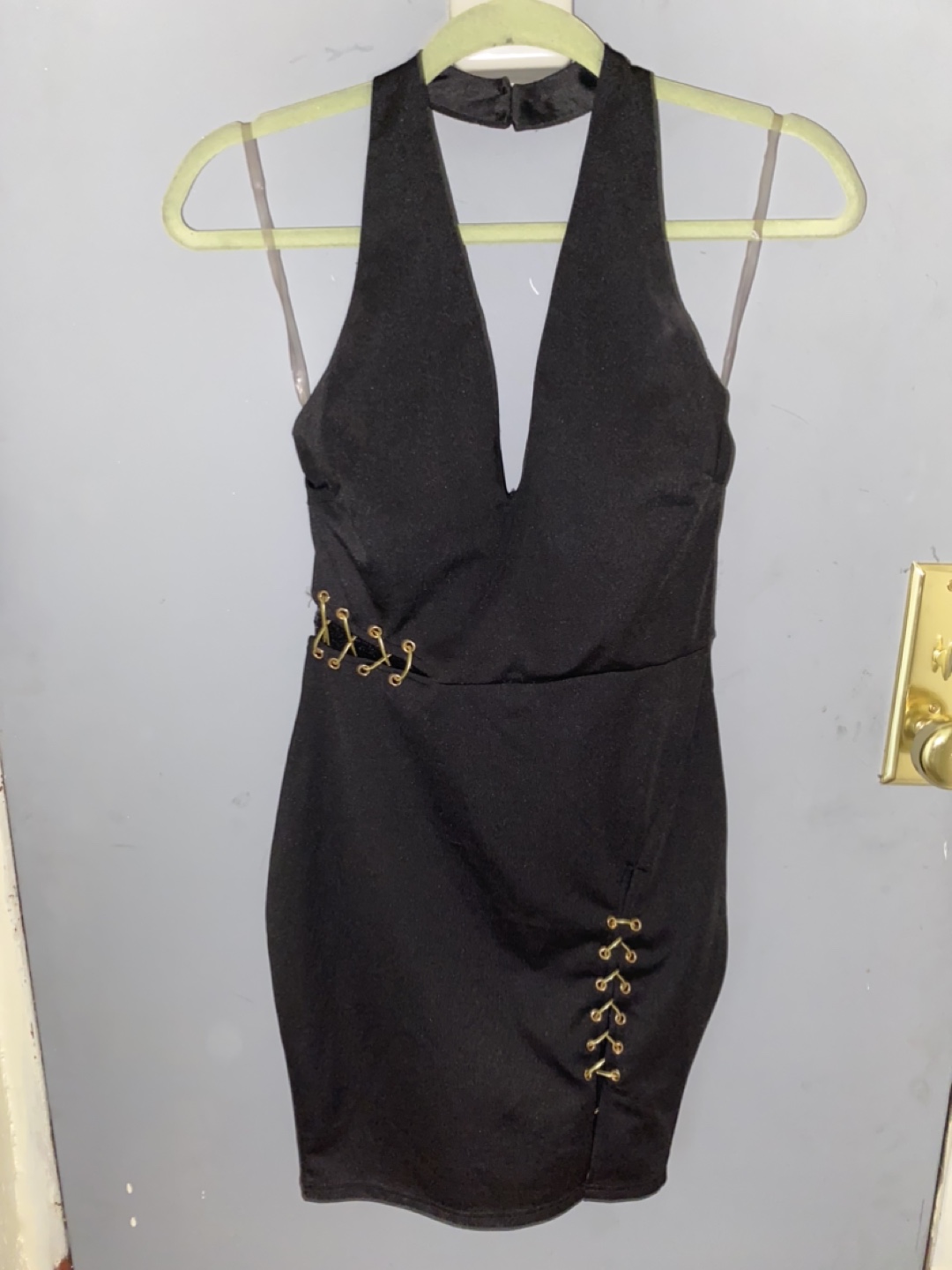 Black Halter Mini Dress with Gold Accents