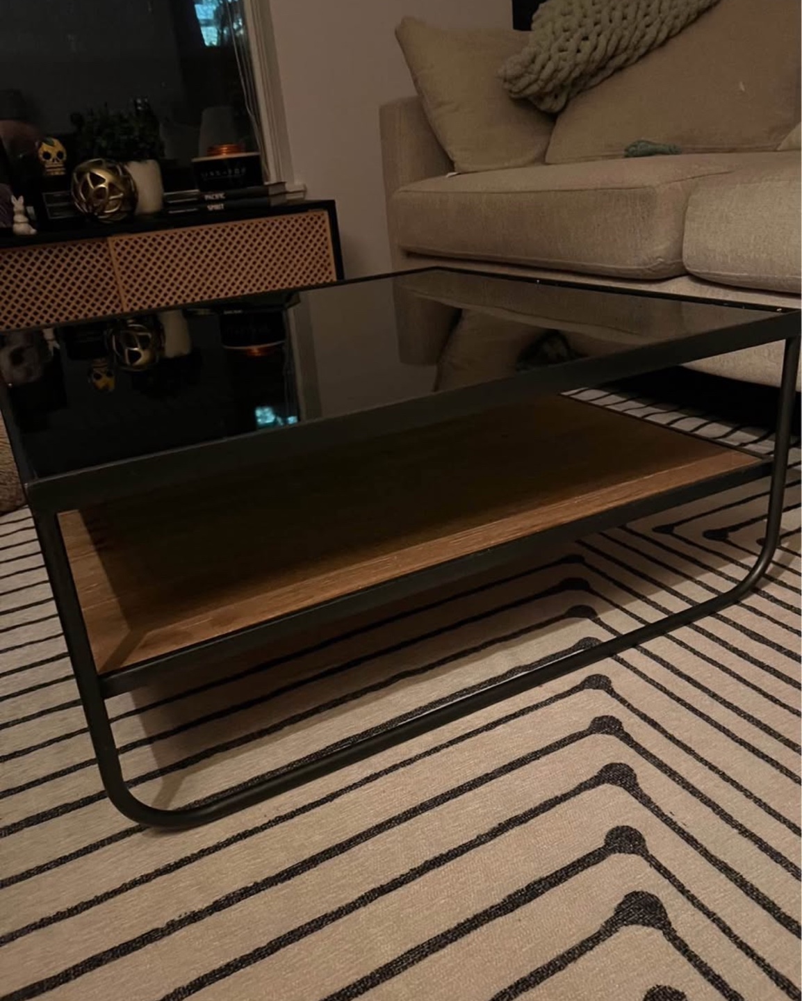 Modern Black Glass Coffee Table with Wooden Shelf - photo 2
