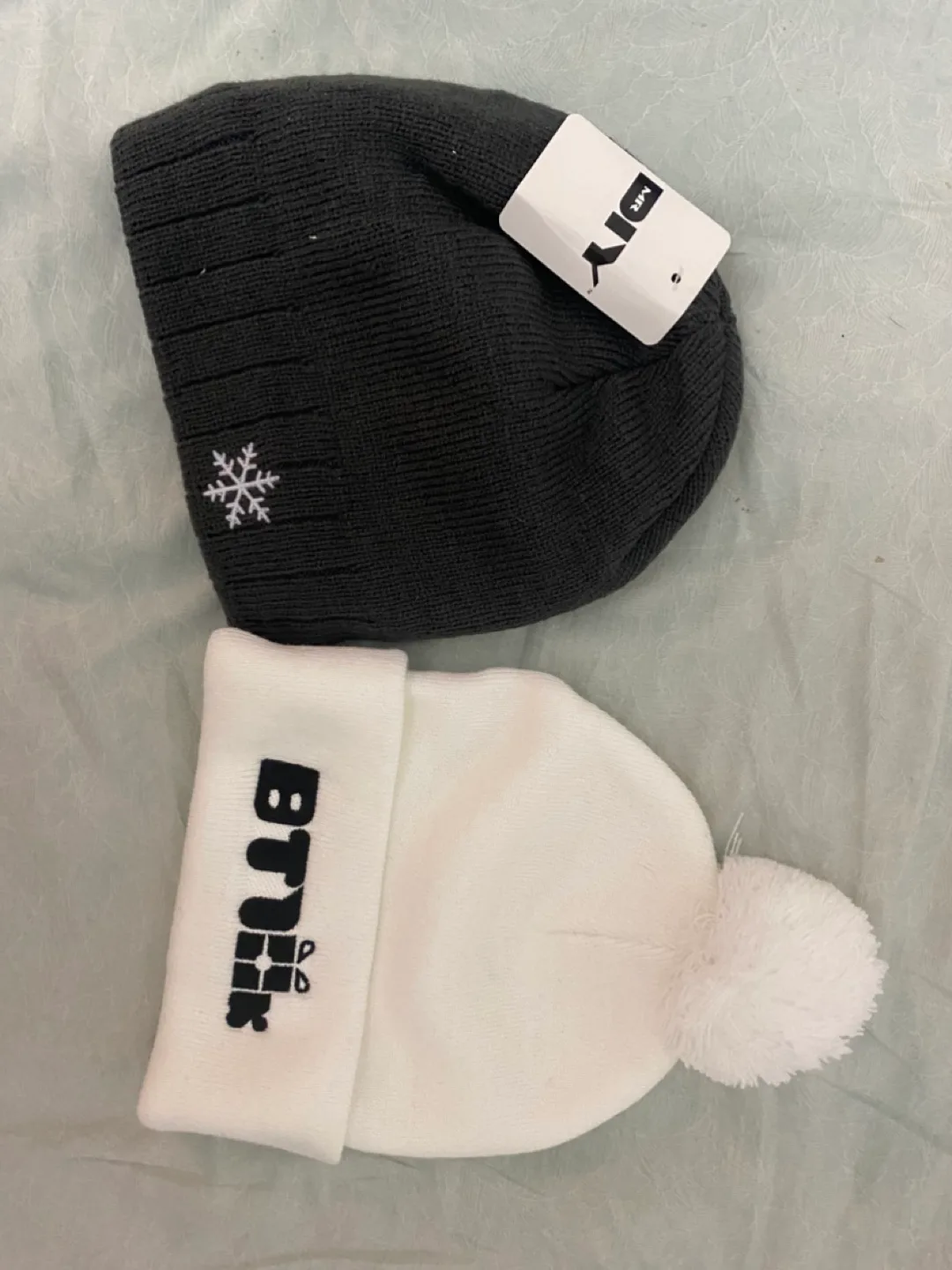 Two Knit Winter Hats - Grey & White thumbnail
