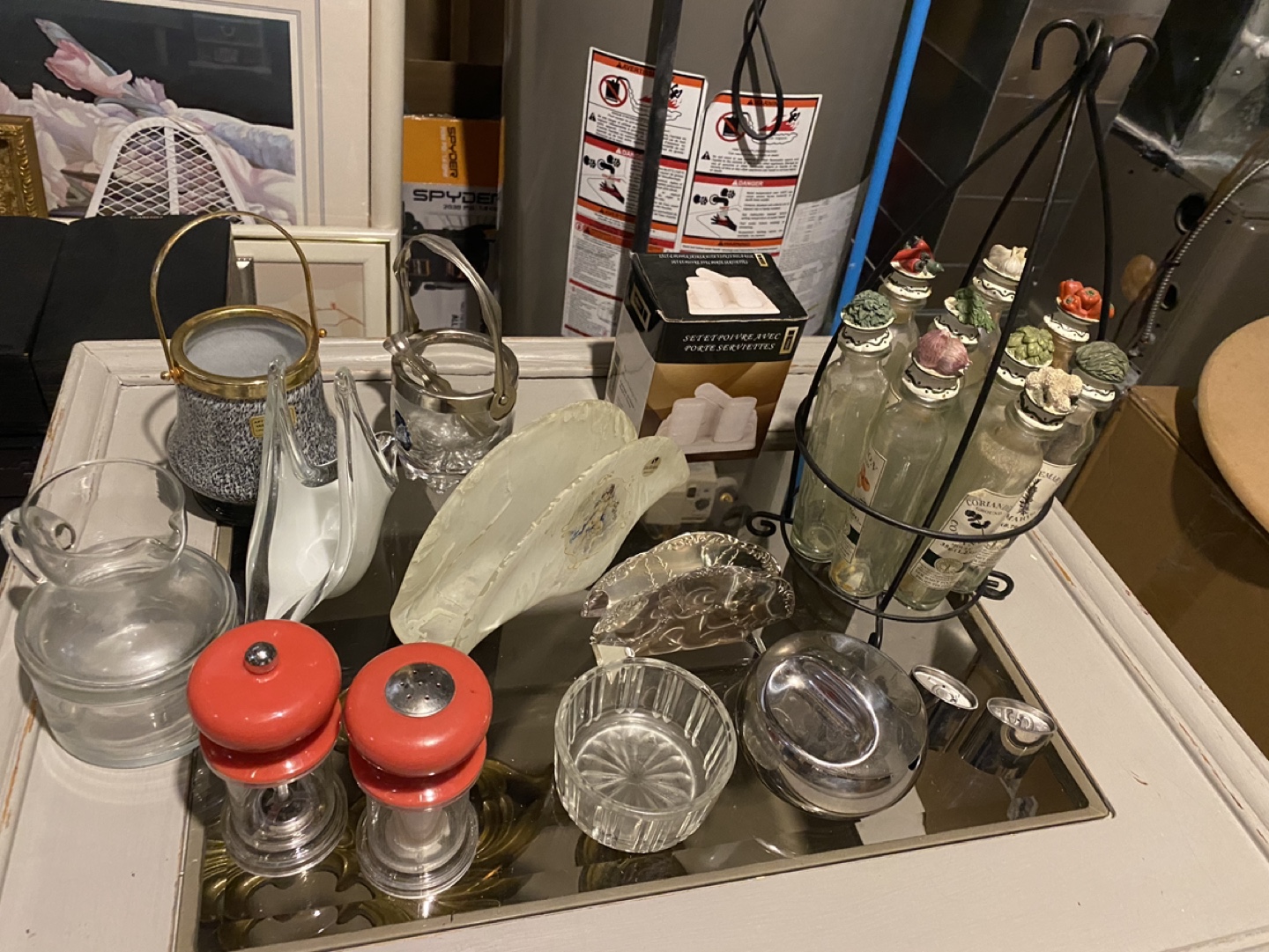 Assortment of Vintage Glassware and Spice Rack