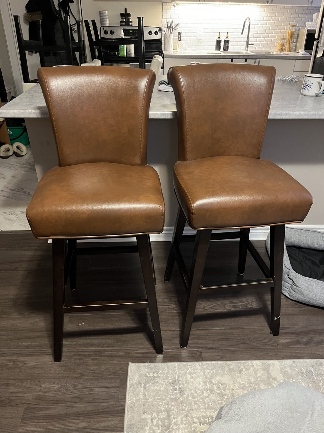 Pair of Brown Leather Bar Stools - photo 2