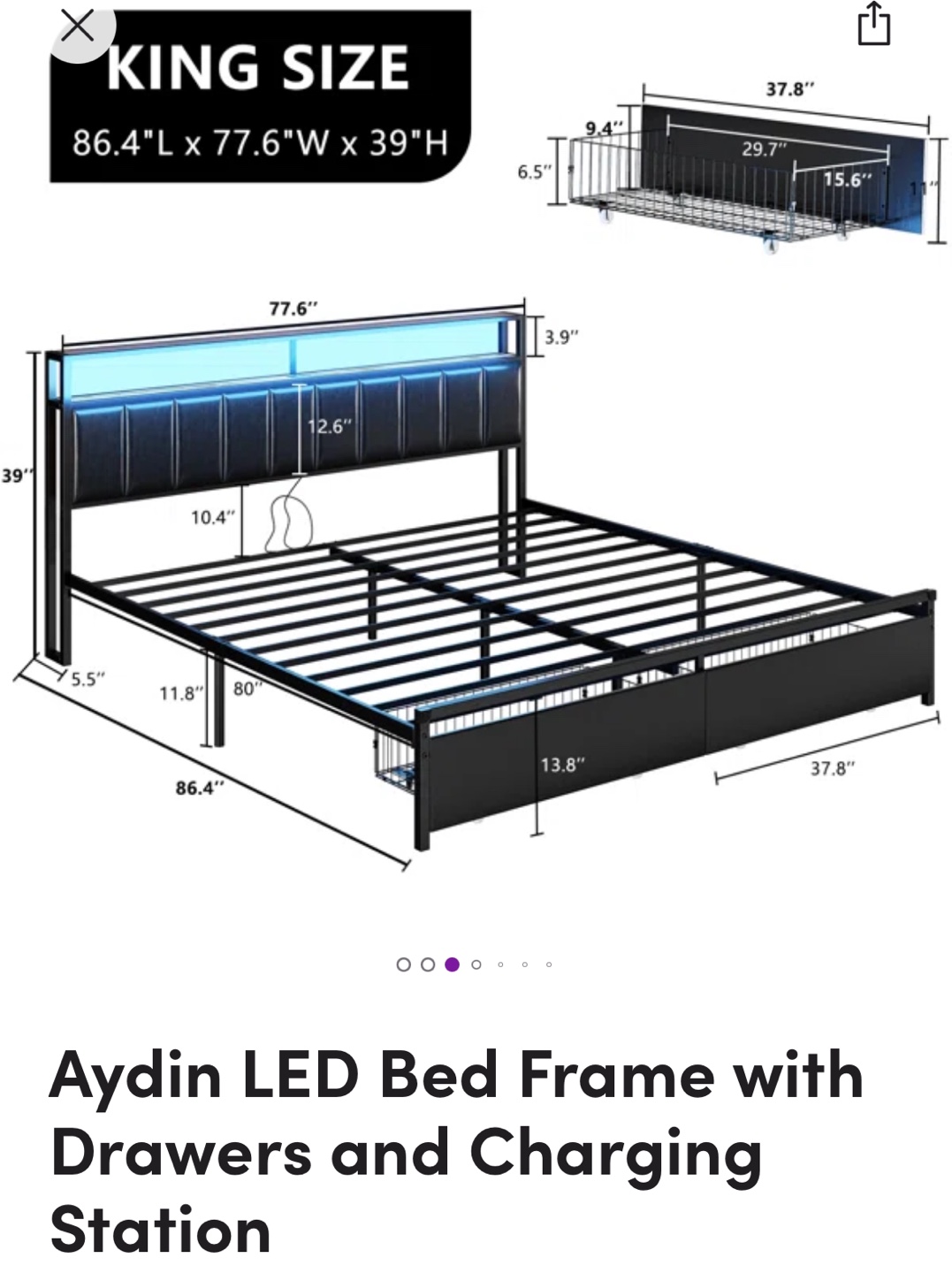King Size Aydin LED Bed Frame with Drawers and Charging Station - photo 2