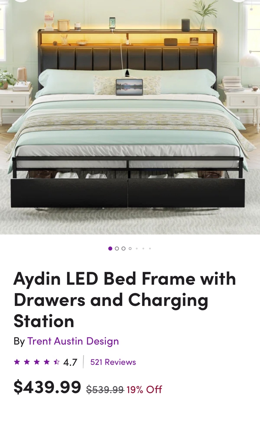 King Size Aydin LED Bed Frame with Drawers and Charging Station