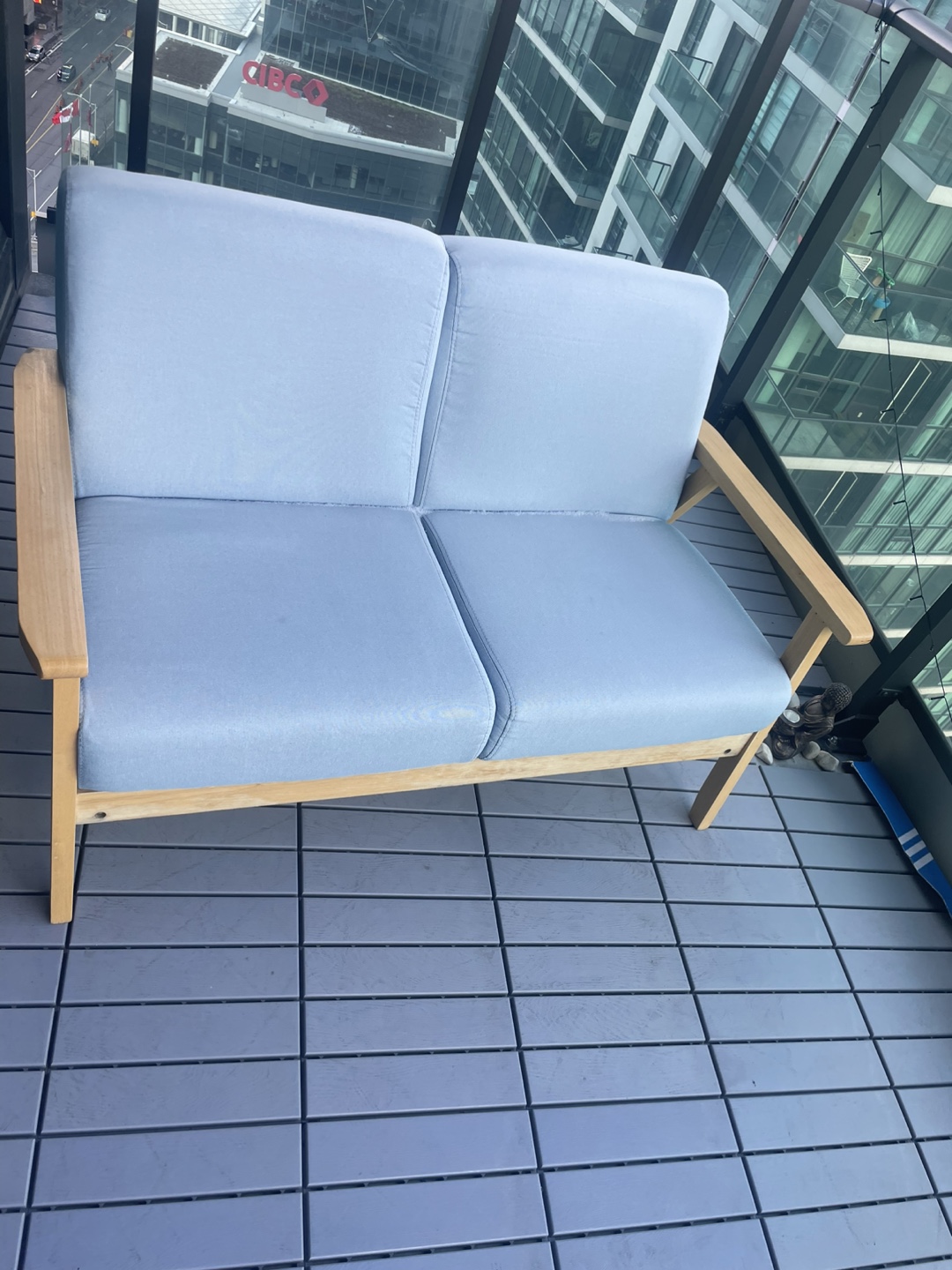 Light Blue Two-Seater Sofa with Wooden Frame - photo 2