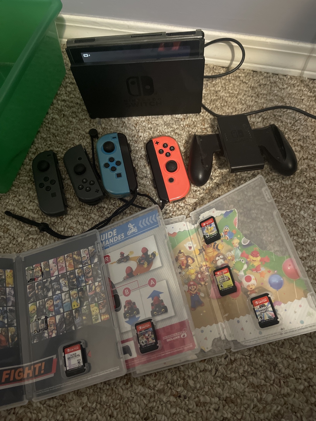Nintendo Switch Console with 4 controllers and 5 games