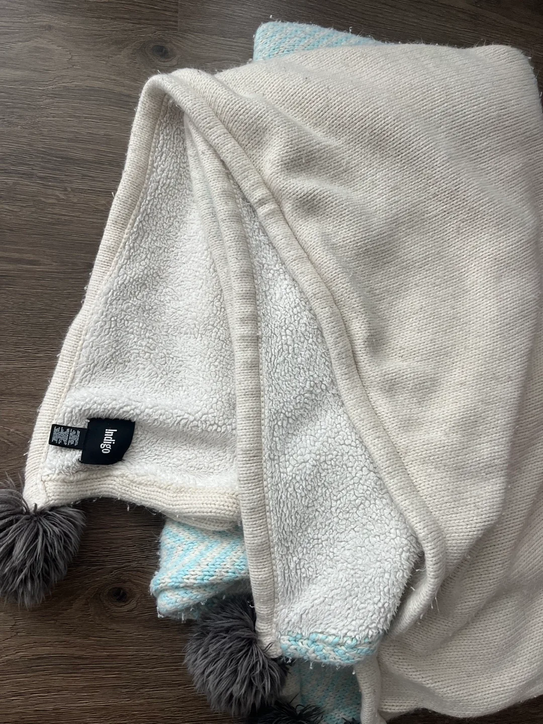 Indigo Knit Throw Blanket with Pom-Poms image indicator(4)