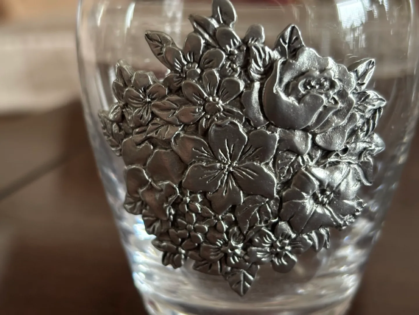 Beautiful Glass Vase with Pewter Floral Design image indicator(3)