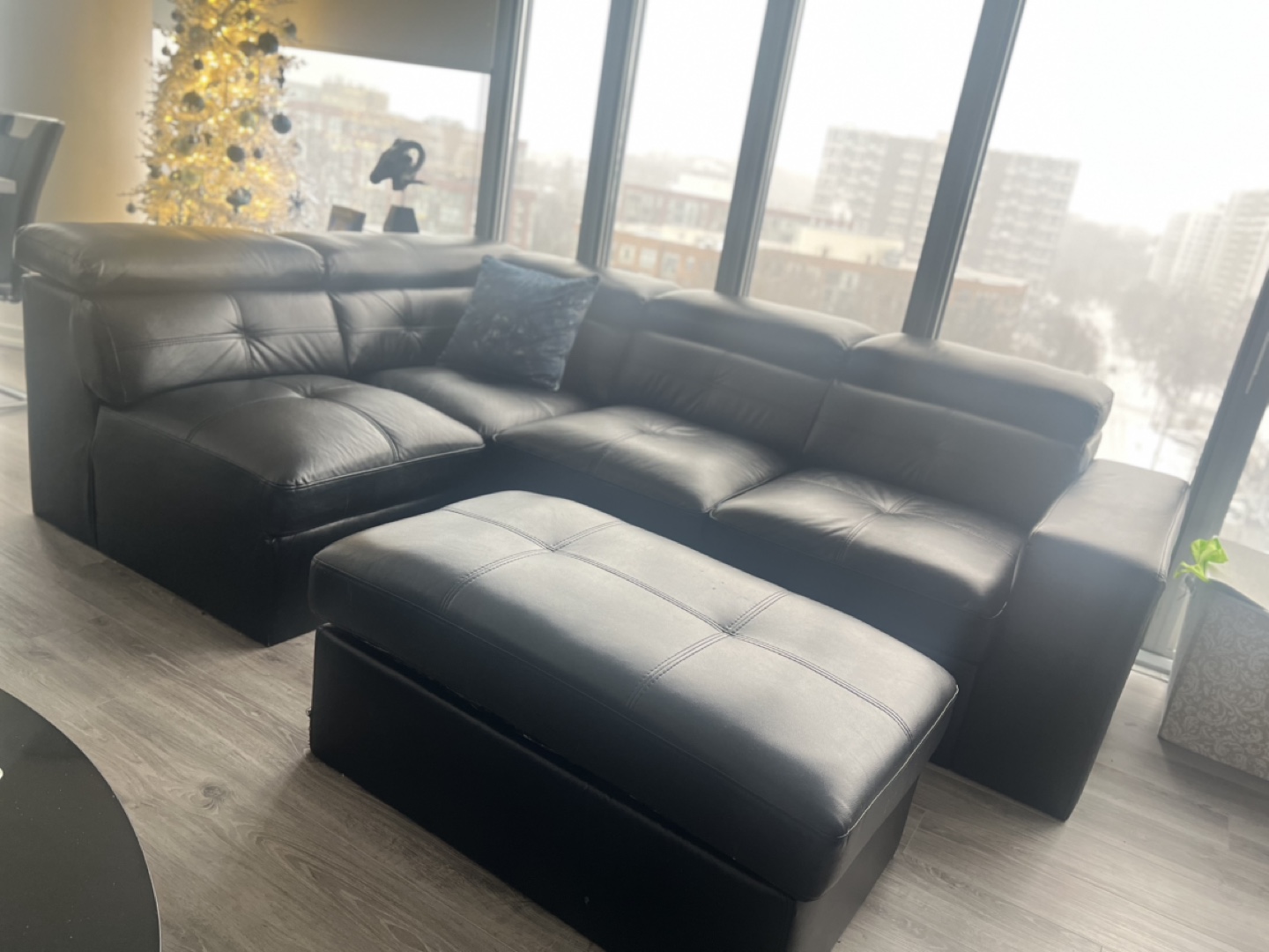 Black Leather Sectional Sofa with Ottoman