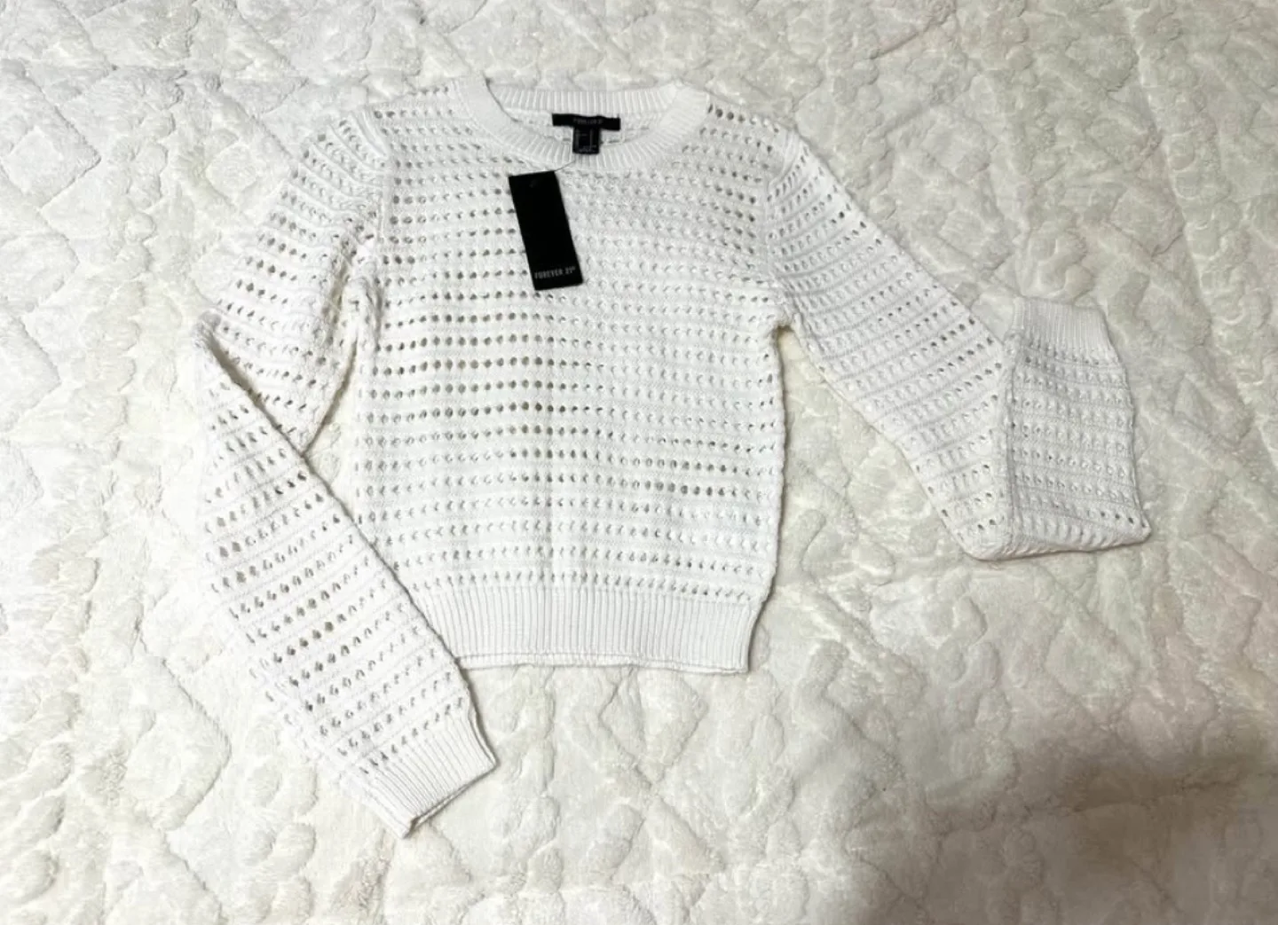 Forever 21 White and Teal Crochet Knit Sweater image indicator(2)