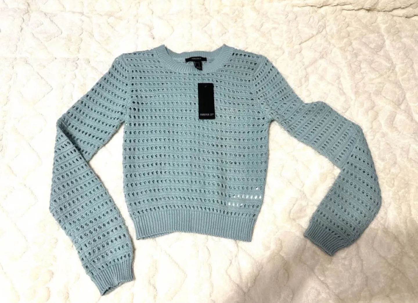 Forever 21 White and Teal Crochet Knit Sweater image indicator(3)