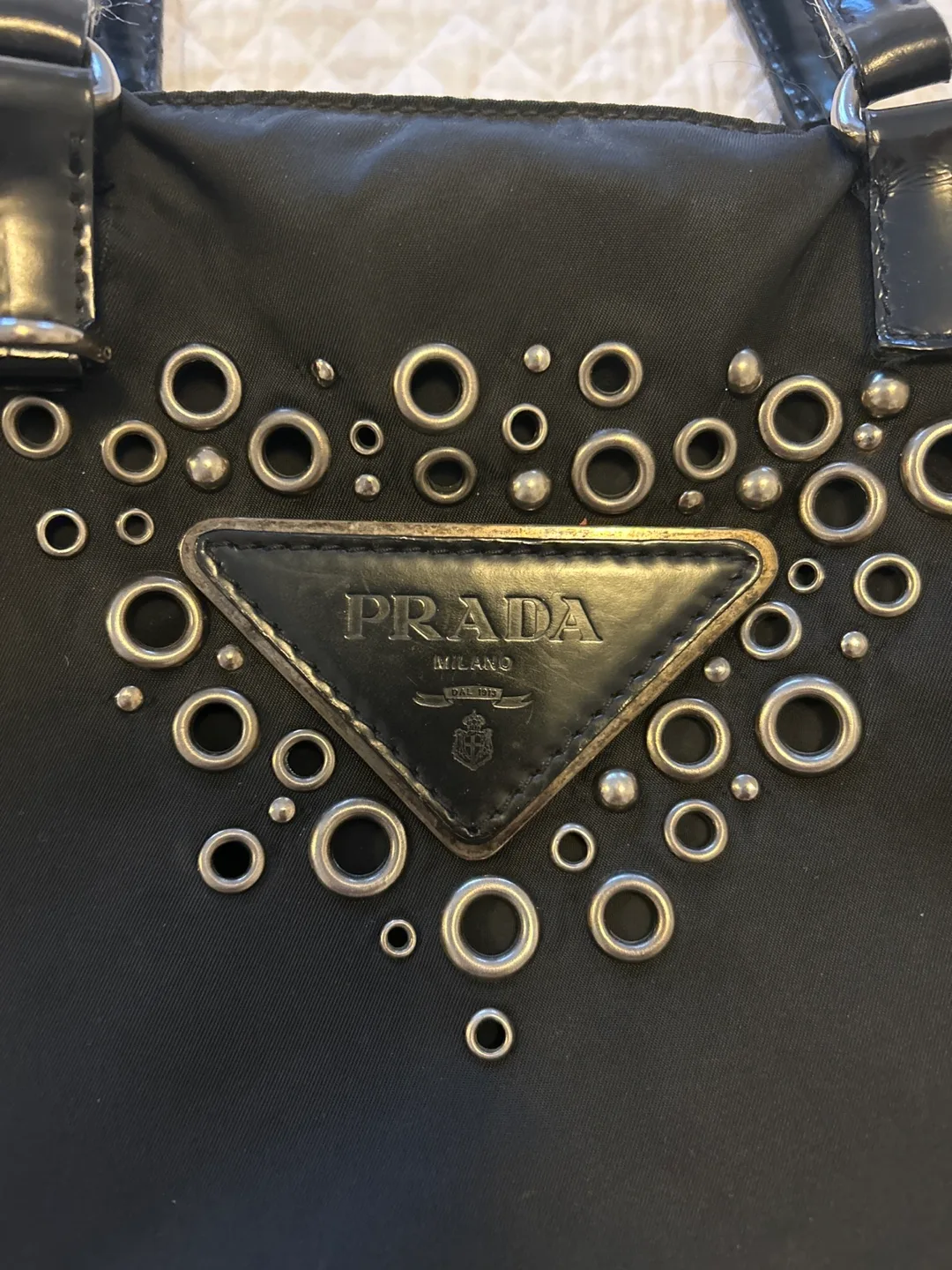 Prada Black Nylon Tote Bag with Metal Accents image indicator(2)