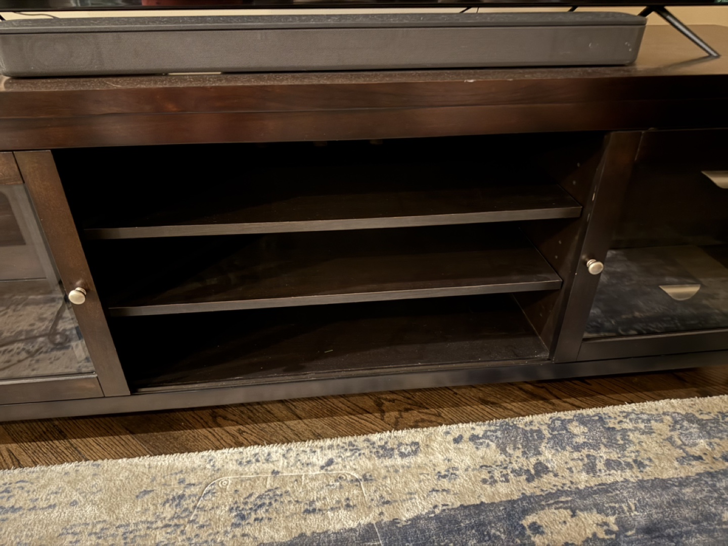 Dark Wood TV Stand Media Console with Drawers and Glass Doors