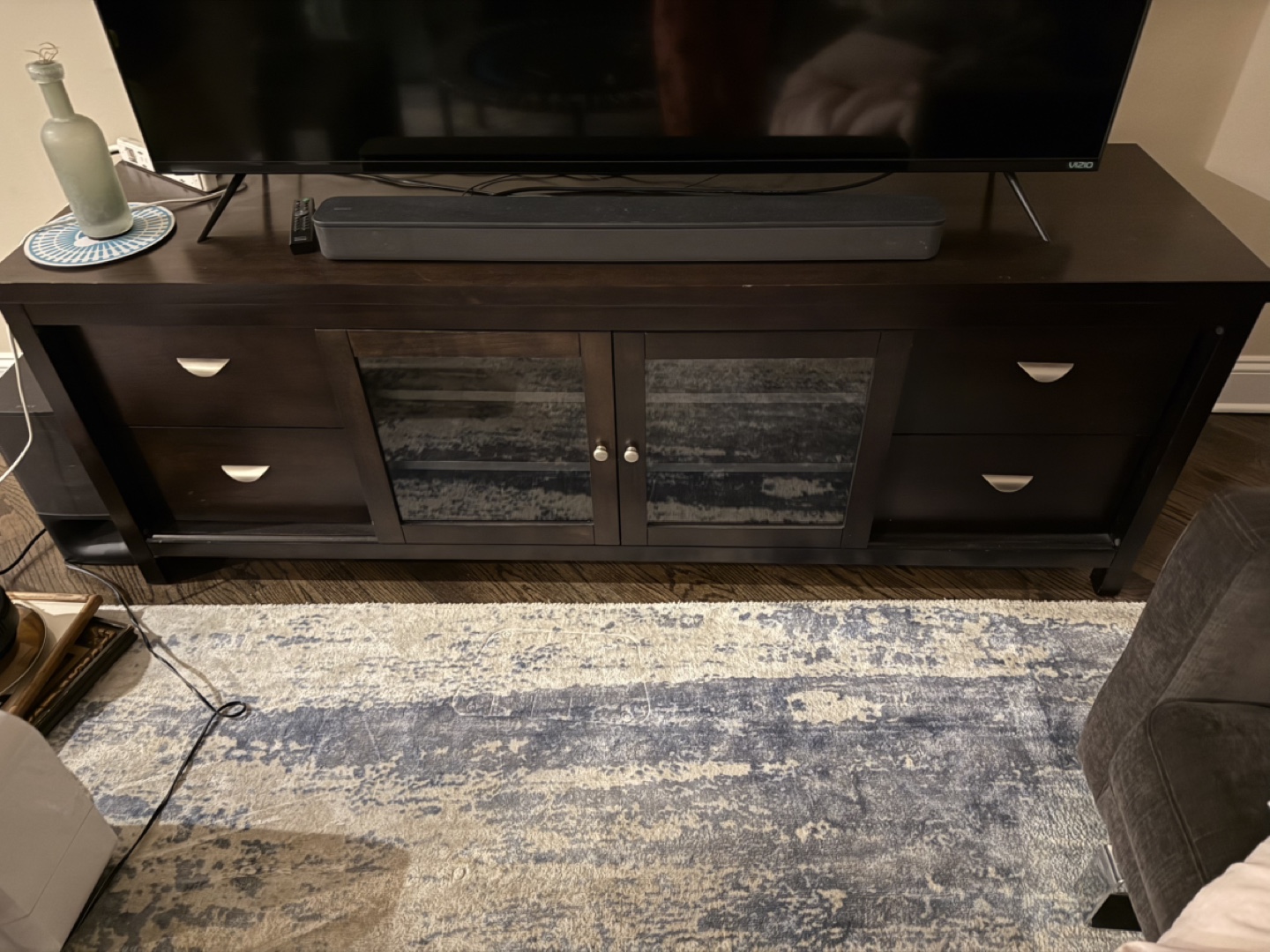 Dark Wood TV Stand Media Console with Drawers and Glass Doors - photo 2